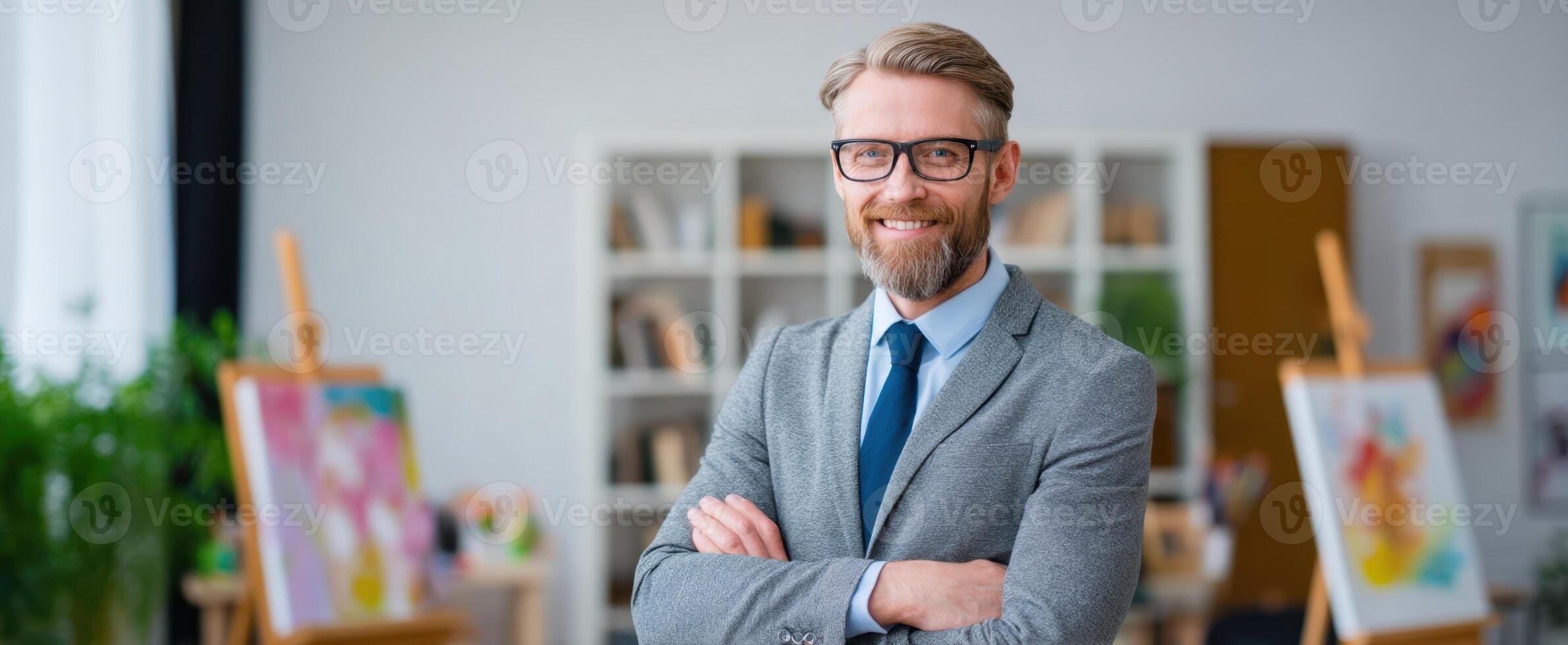 The confident man in a stylish suit smiling in an art studio. photo