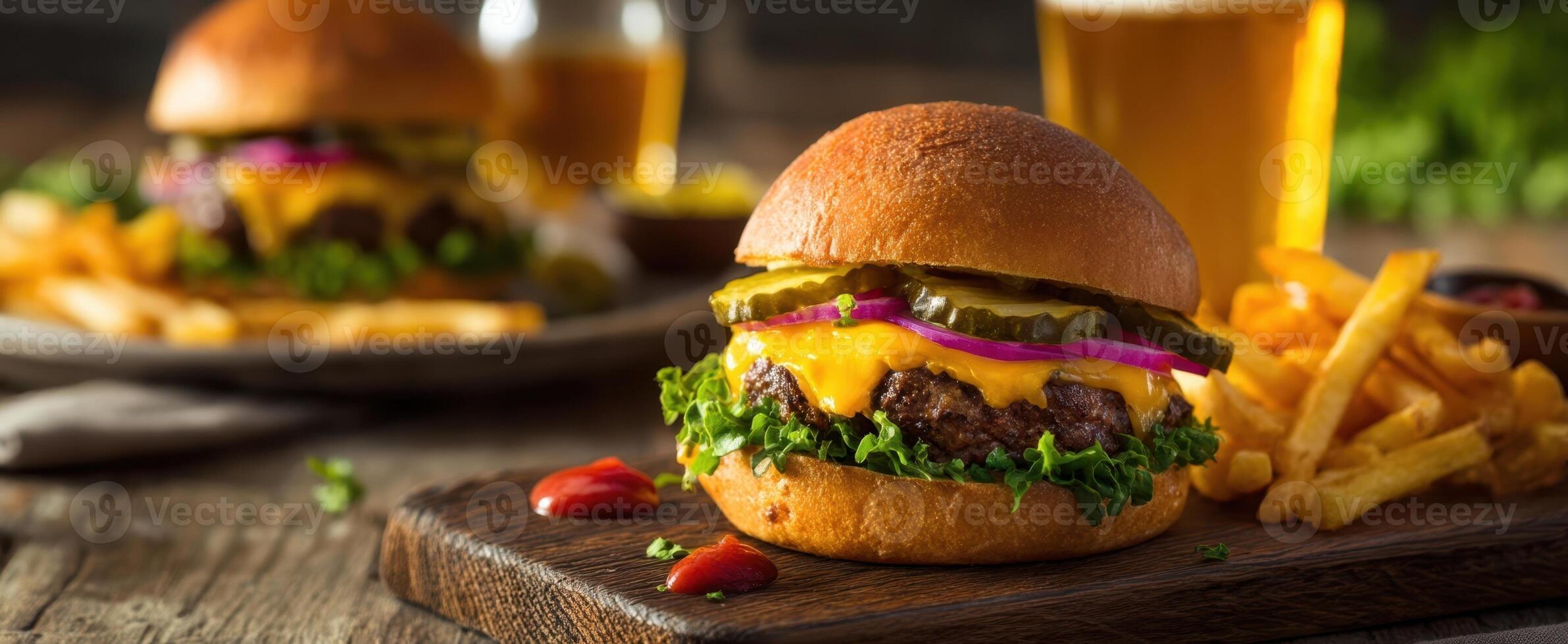 The mouthwatering cheeseburger served with crispy fries and refreshing beer. photo