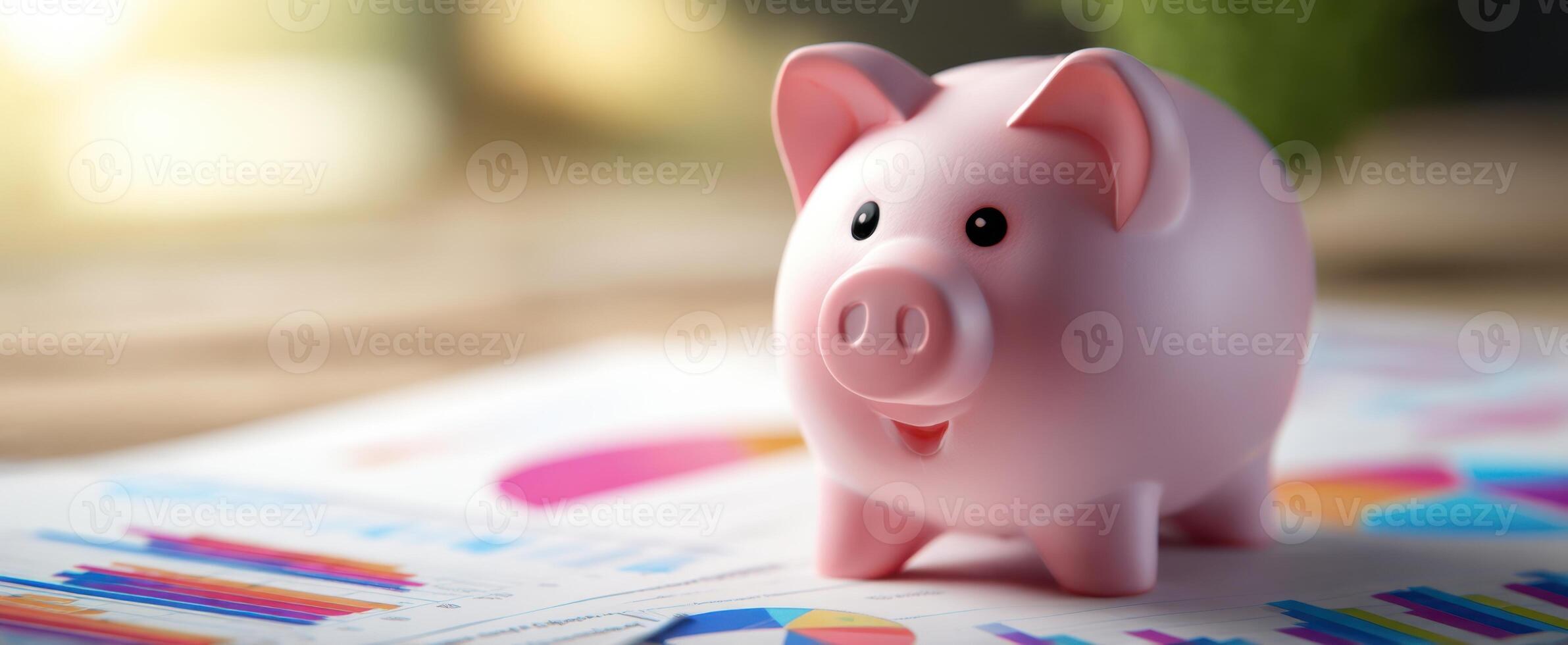 The cheerful piggy bank surrounded by financial charts and graphs. photo
