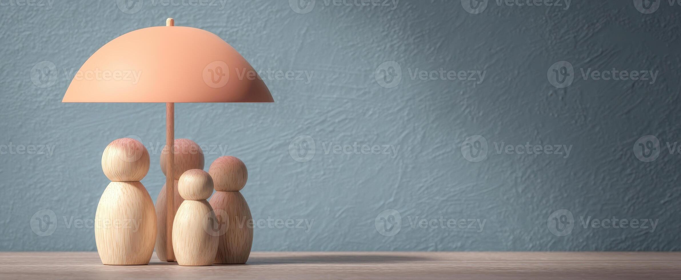 The wooden figures gathered under a pastel umbrella lamp in a modern setting. photo