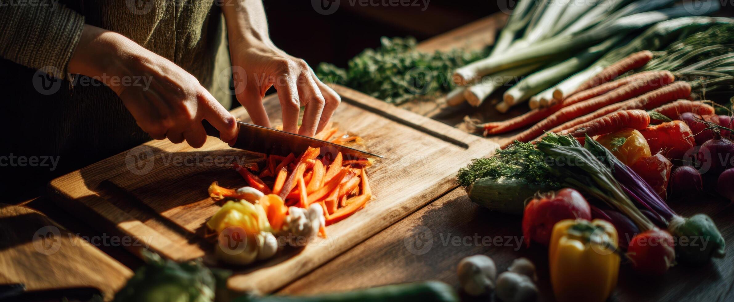 The vibrant preparation of fresh vegetables on a rustic kitchen countertop. photo