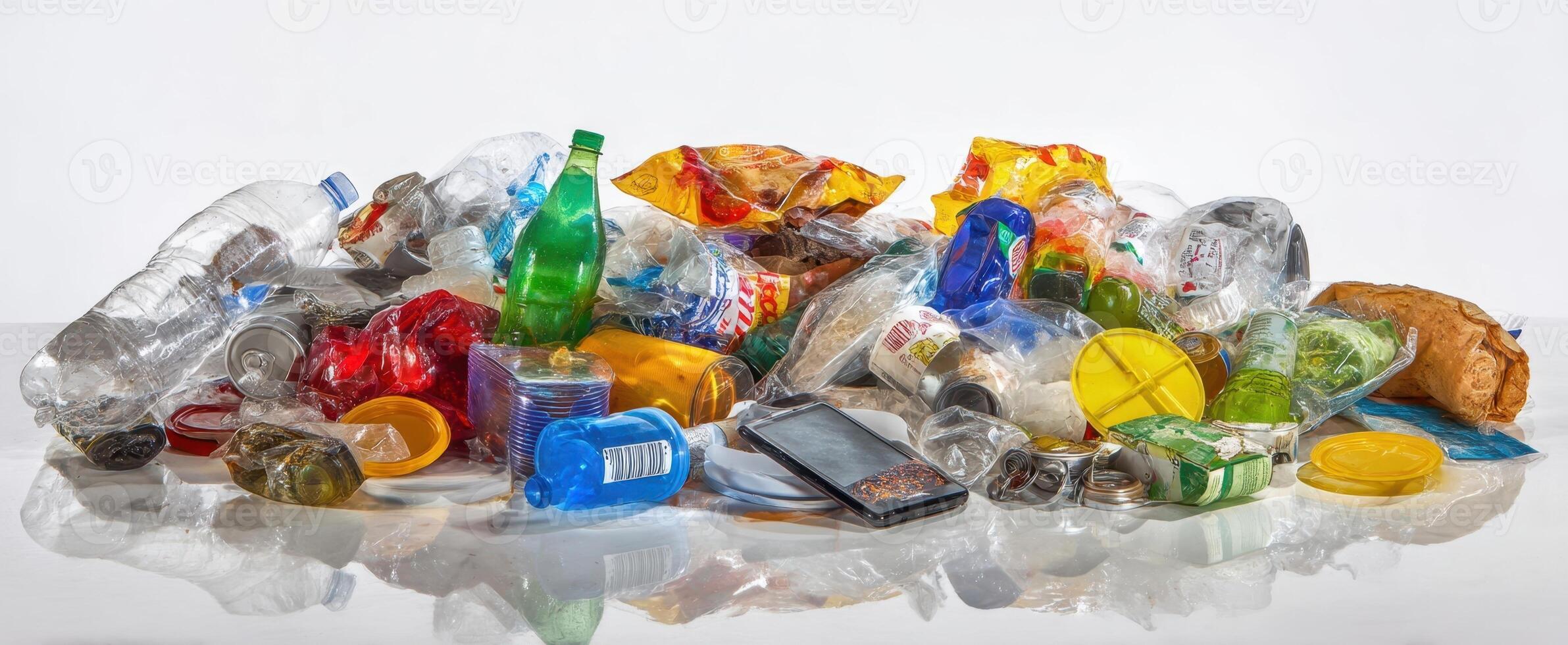 The cluttered heap of mixed plastic waste and recycling materials overflowing. photo