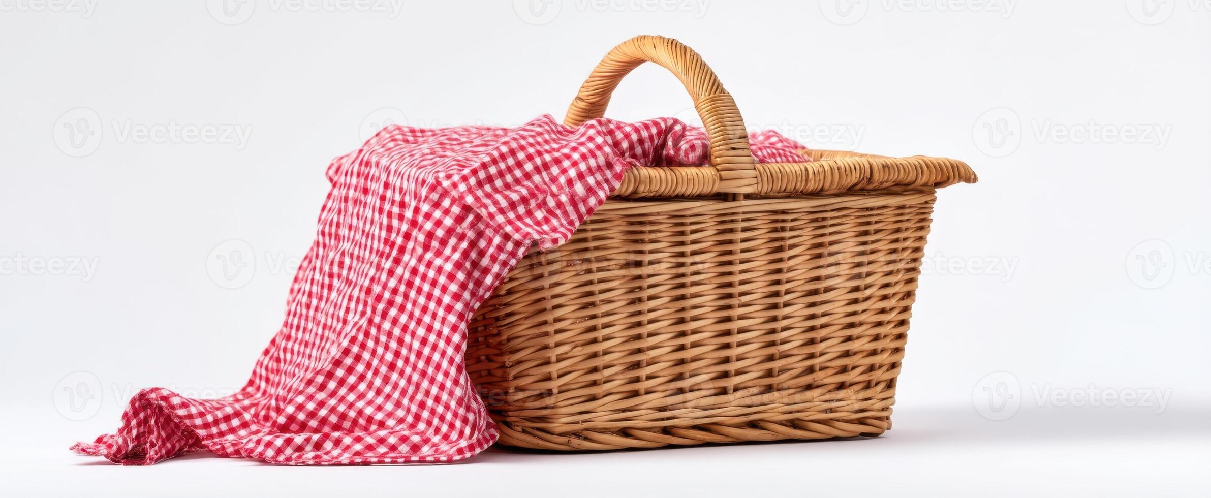 The wicker basket with checkered blanket perfect for a summer picnic outing. photo