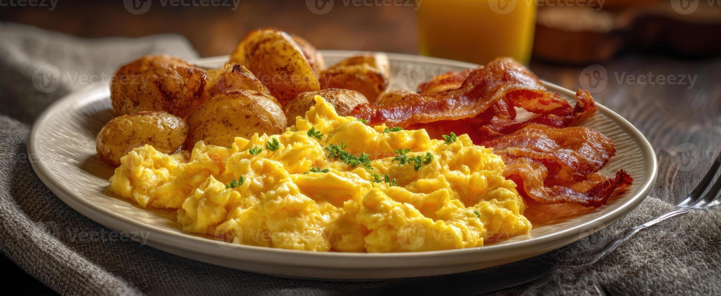 The scrumptious breakfast plate featuring fluffy scrambled eggs, crispy bacon, and roasted potatoes. photo