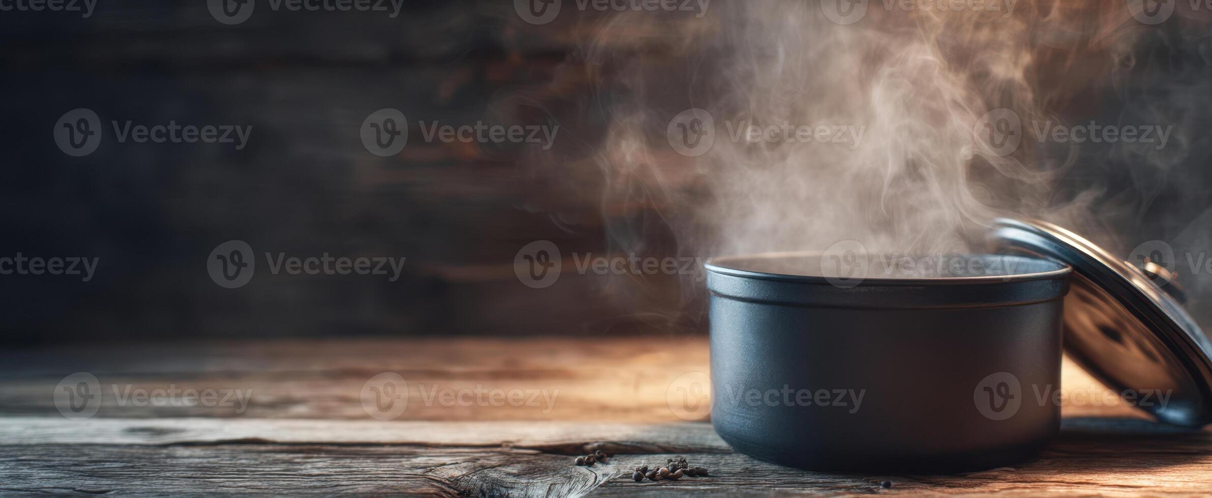 The steaming pot revealed in a rustic kitchen setting. photo