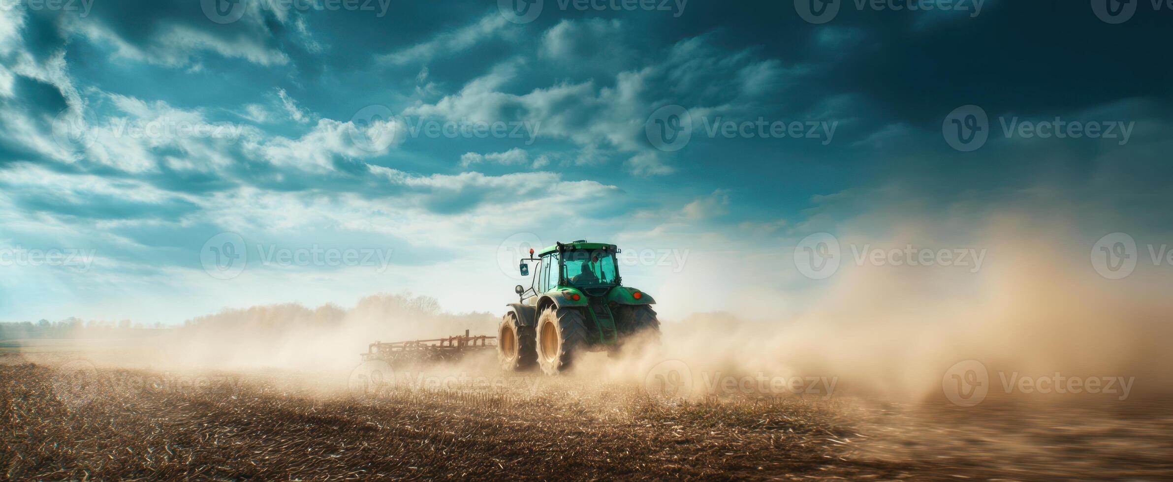 The tractor working in the field creates a cloud of dust against the sky. photo