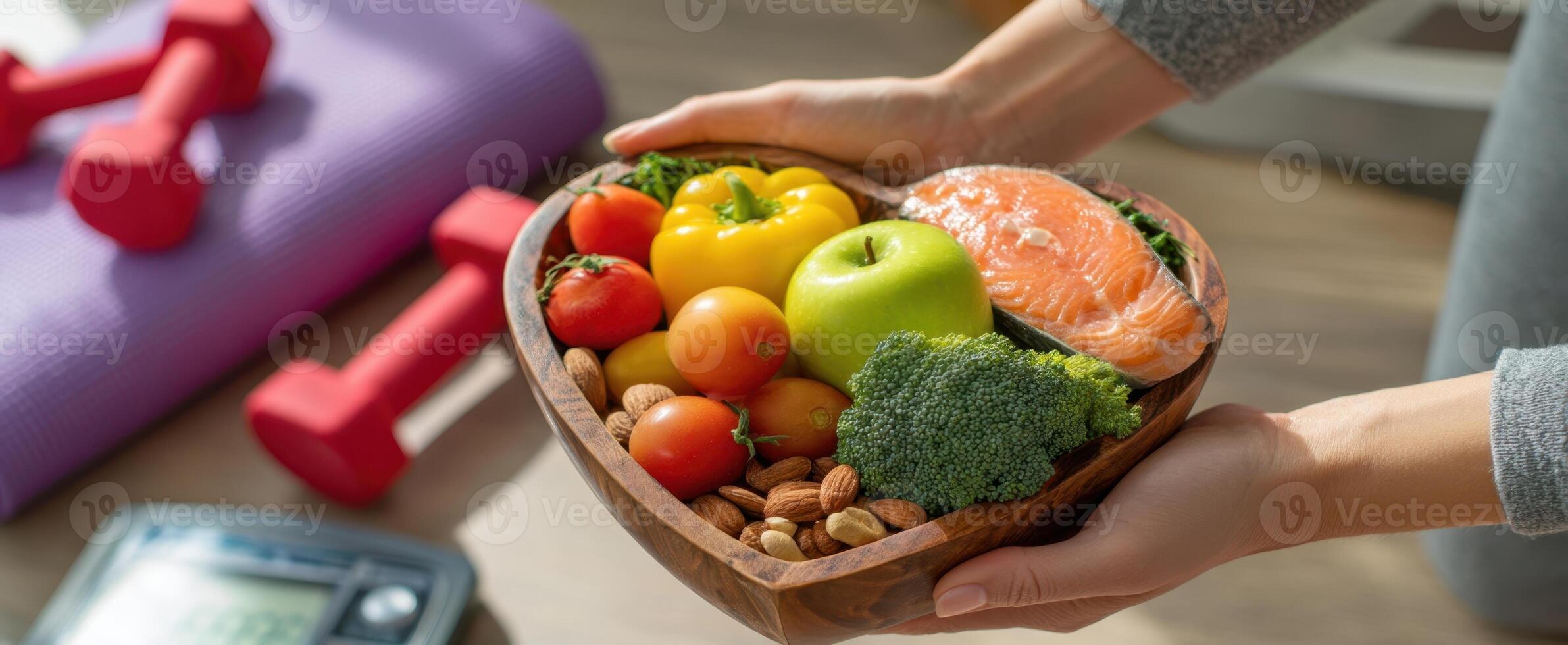 The heart-shaped bowl filled with fresh fruits and nutritious ingredients for healthy living. photo