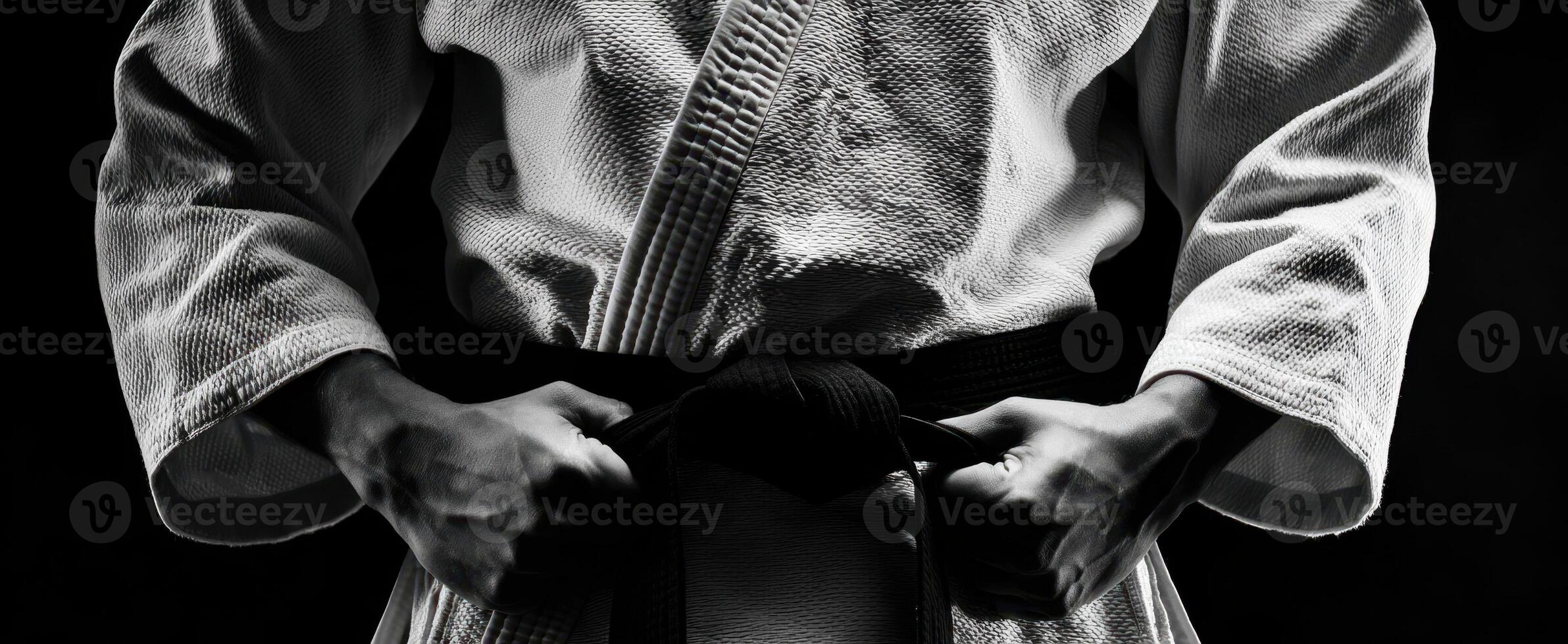 The martial artist adjusting his black belt in a dramatic black and white setting. photo