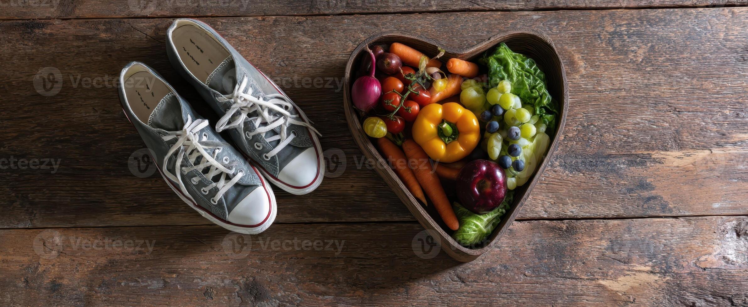 The sneakers beside a heart-shaped bowl of fresh fruits and vegetables. photo
