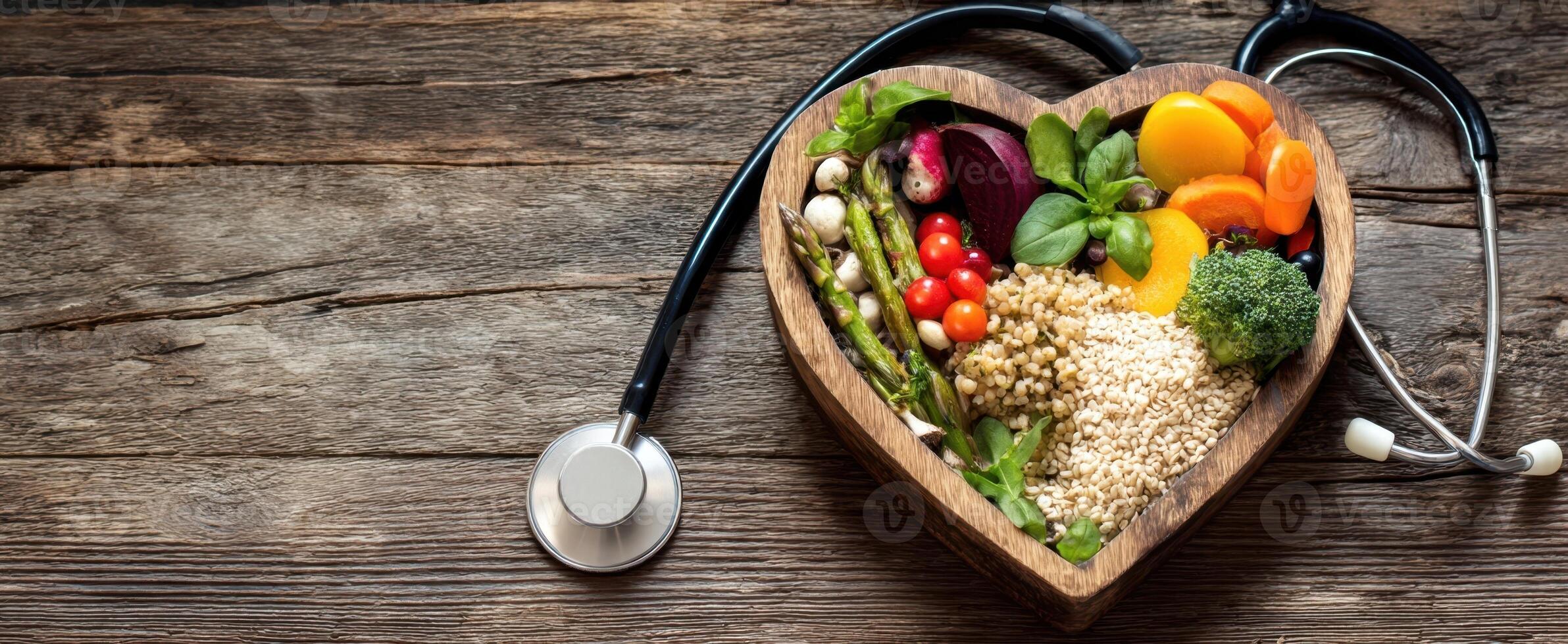 The heart-shaped bowl filled with fresh fruits and vegetables showcasing healthy eating. photo