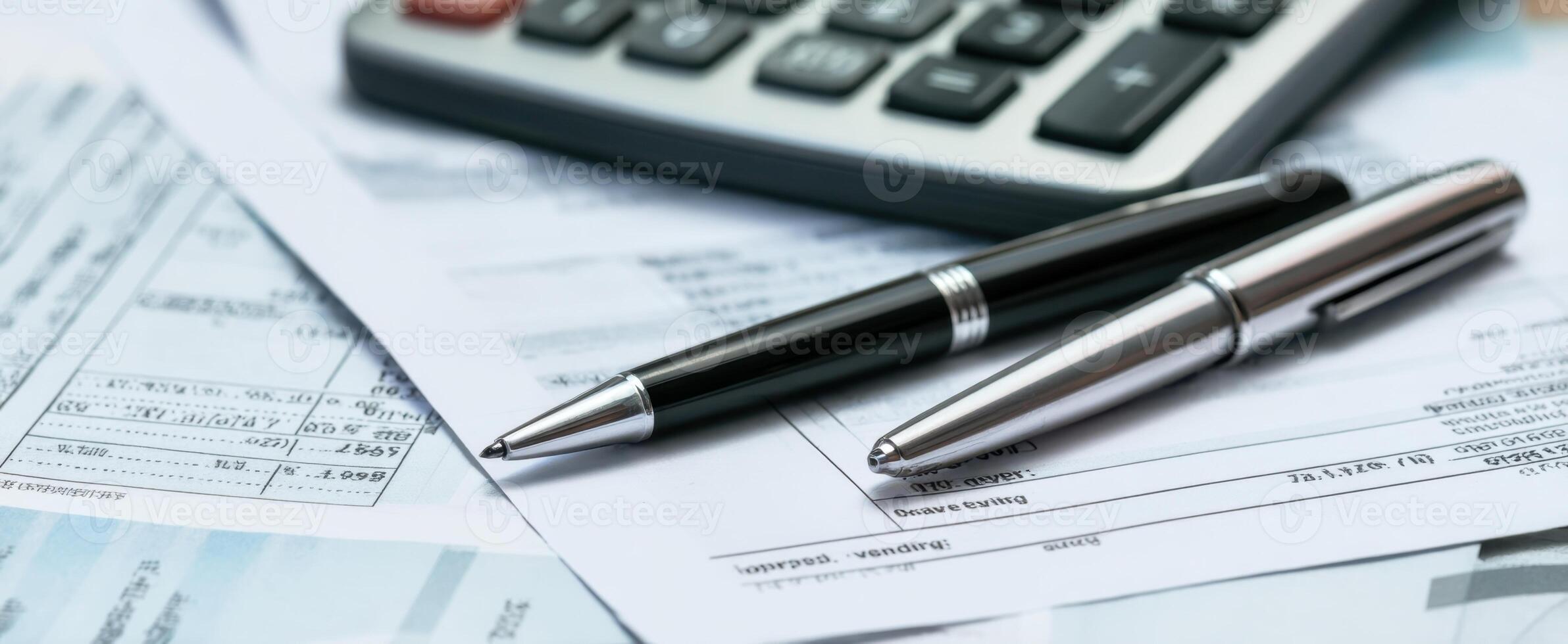 The calculator and pens on financial documents for business analysis. photo