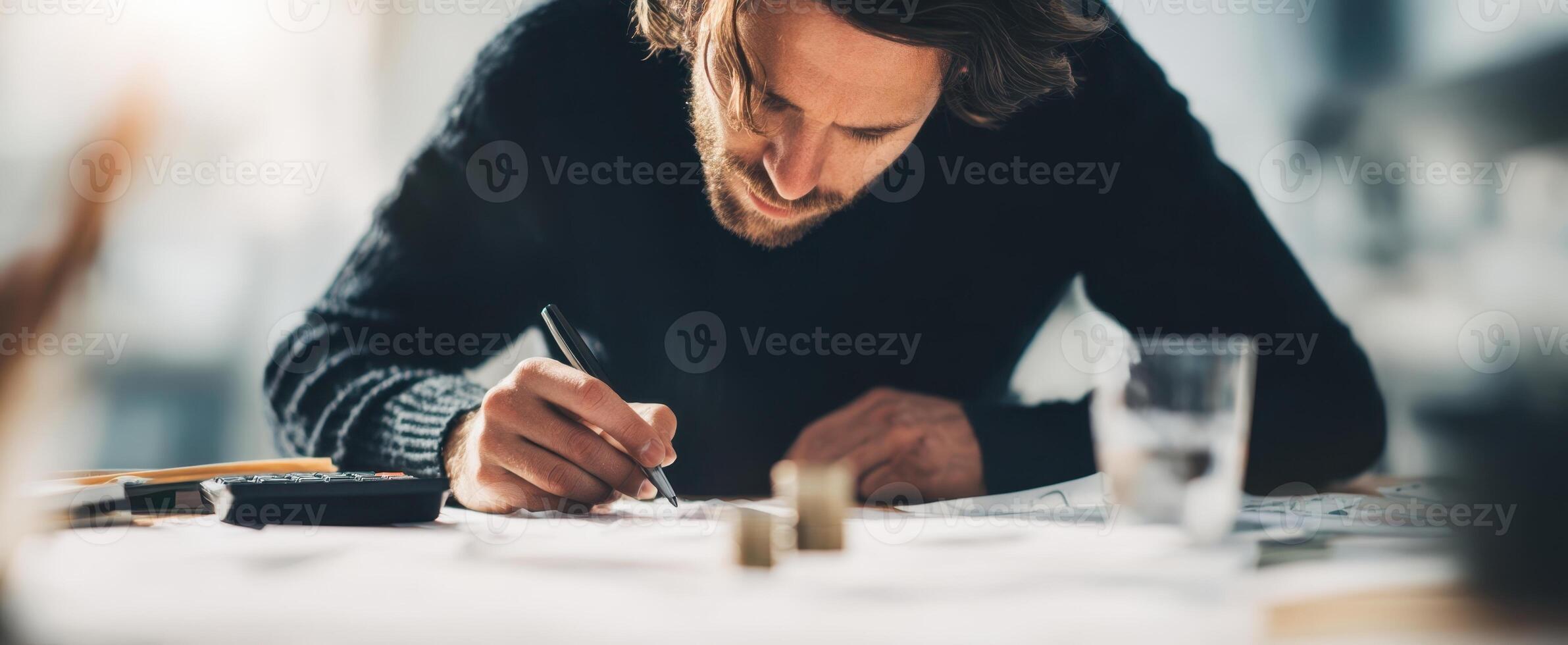 The man focused on writing and creating new ideas in a modern workspace. photo