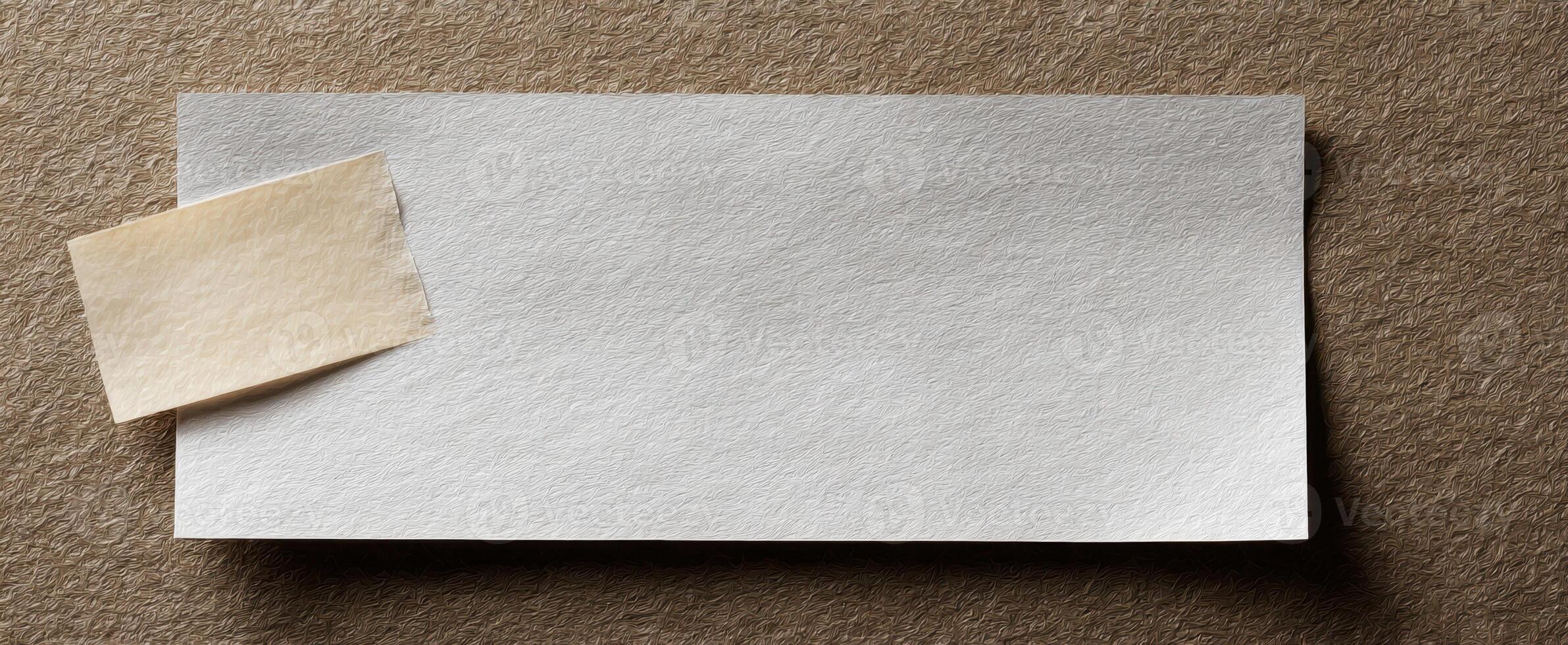 The clean surface featuring textured paper and a blank note for creative designs. photo