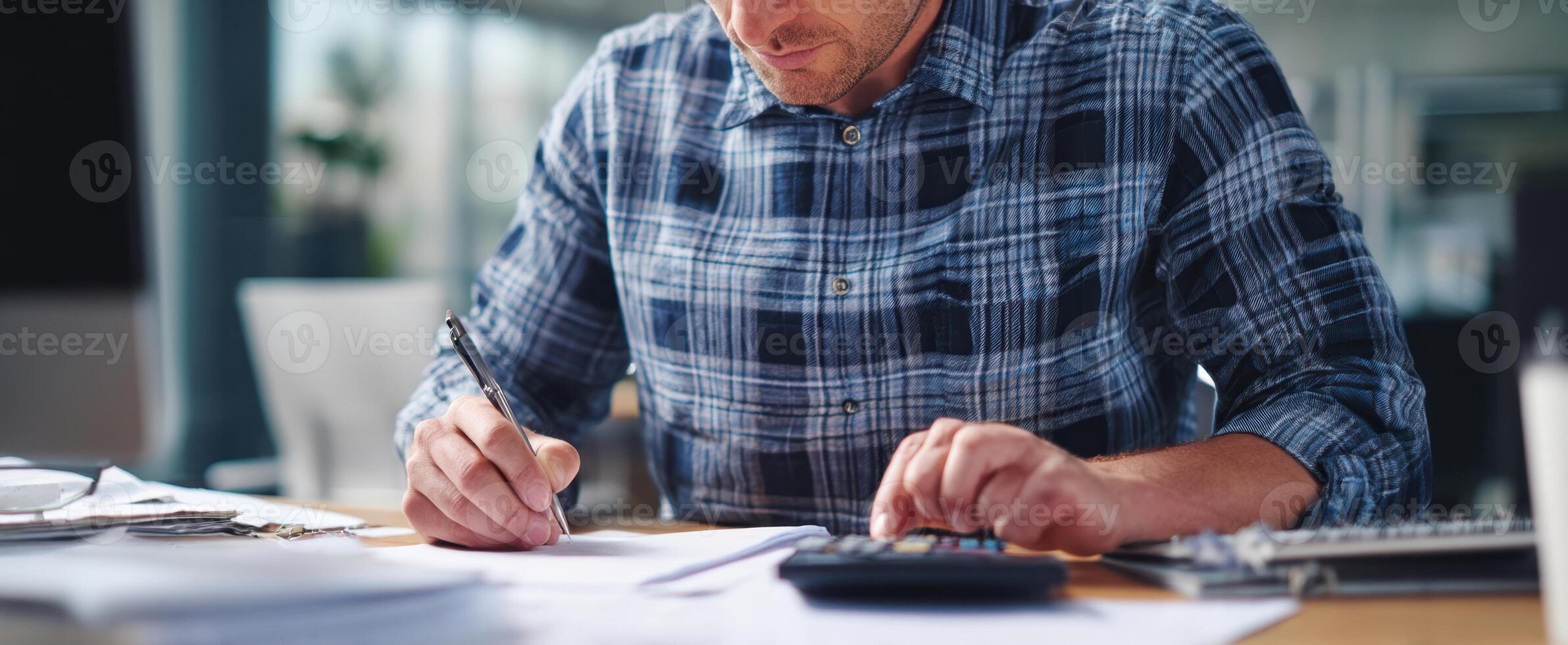 The man writing notes while using a calculator in a modern office setting. photo