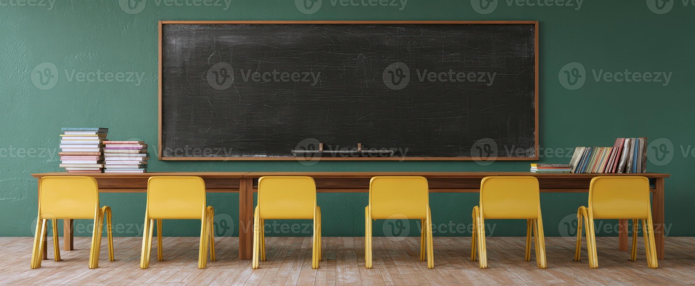 The vibrant classroom featuring yellow chairs and a large chalkboard backdrop. photo