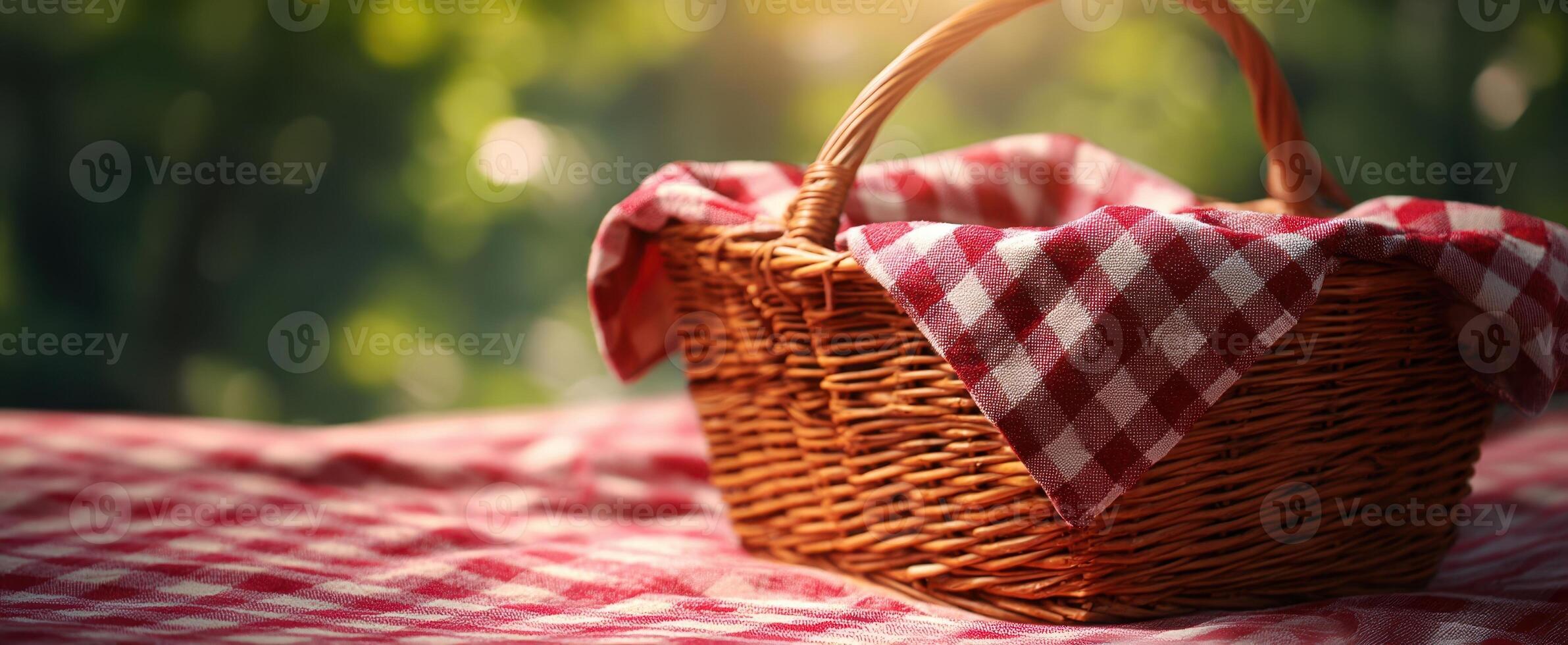 The charming picnic basket draped with a checkered cloth in a sunny garden. photo