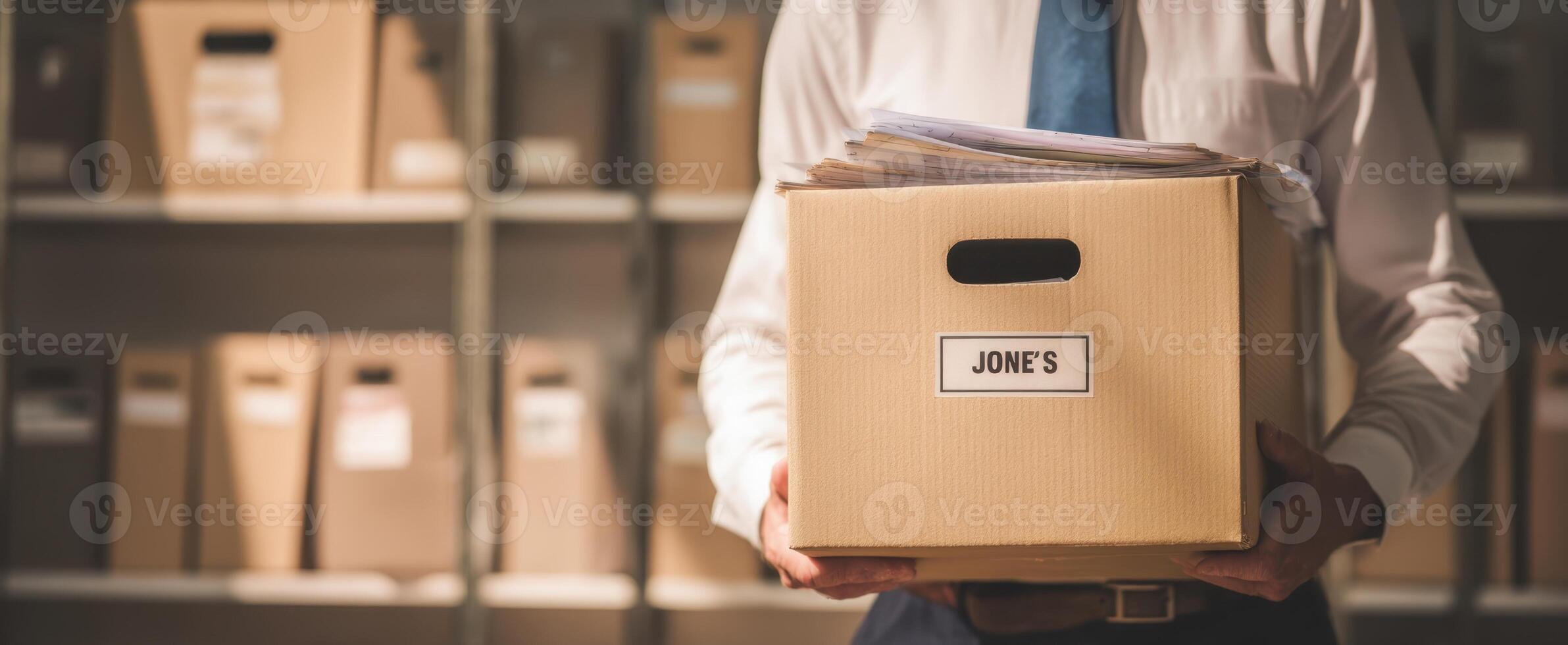 The professional holding a cardboard box filled with important documents in an office setting photo