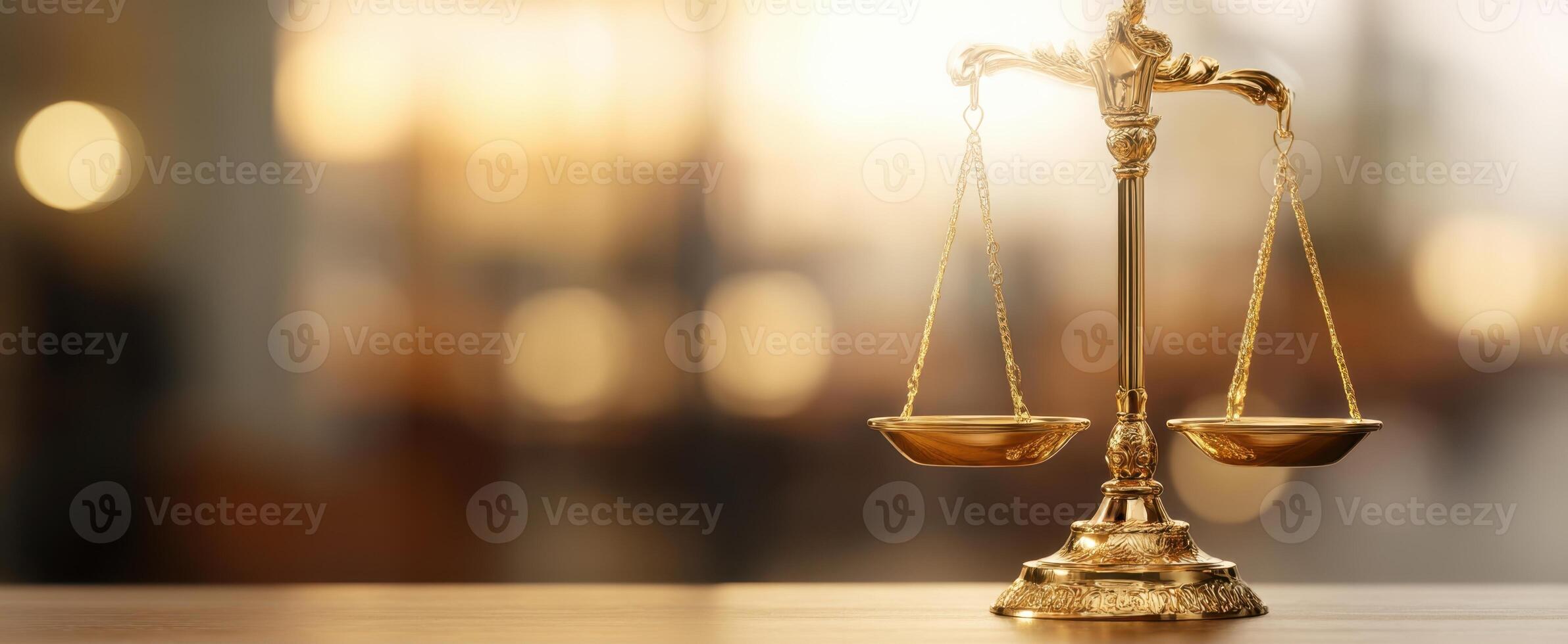 The Elegant Golden Scales of Justice Against a Soft Blurred Background. photo