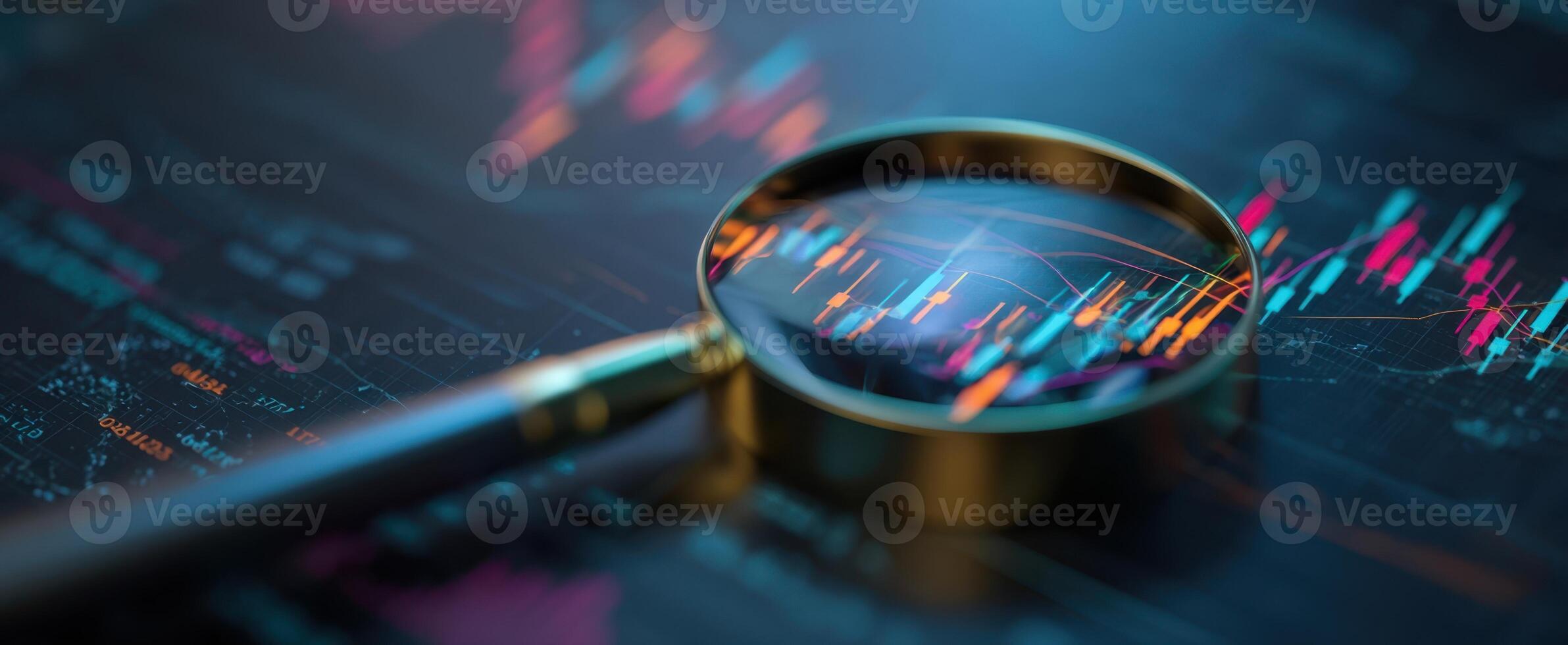 The magnifying glass highlighting financial trends in a digital stock market analysis. photo