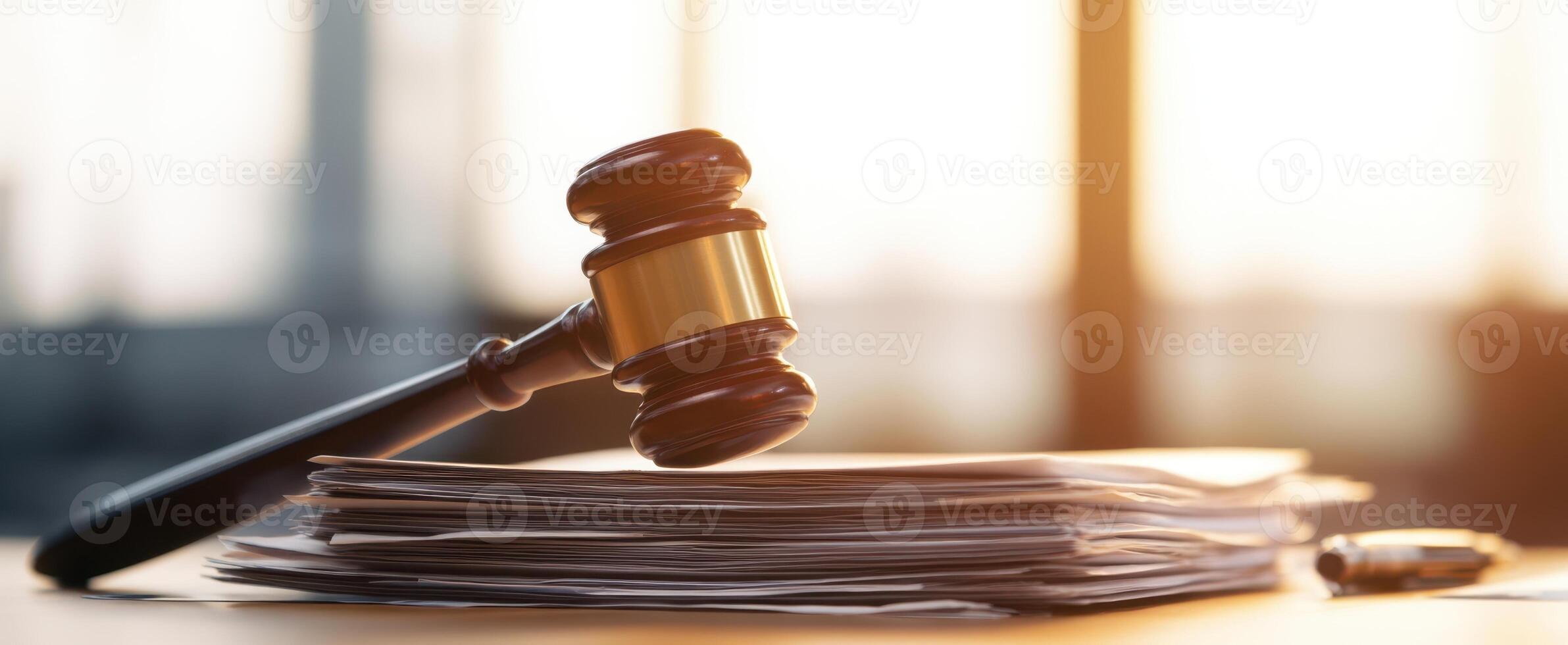 The gavel resting on a stack of legal documents in an office setting. photo