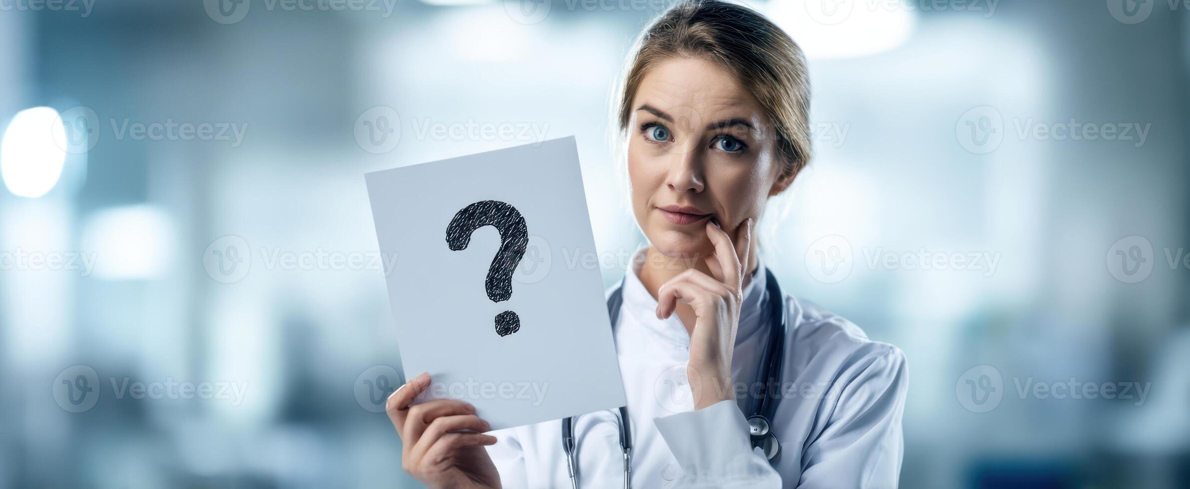 The doctor holding a question mark sign while expressing uncertainty in a medical setting. photo