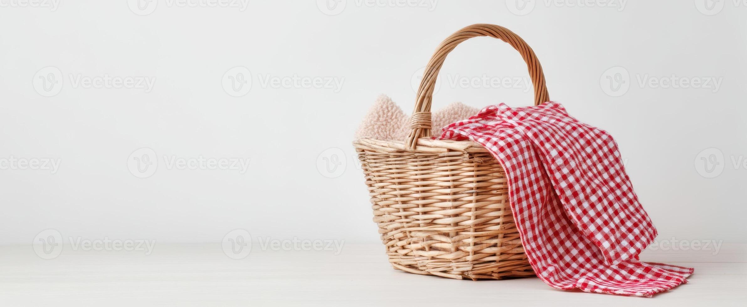 The wicker basket with a plaid cloth ready for a picnic setting. photo