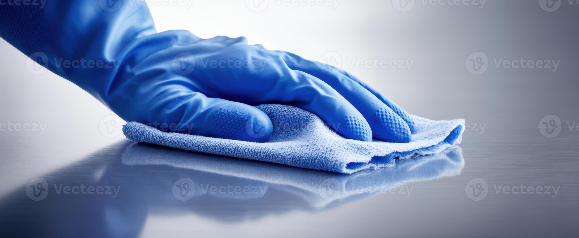 The hand actively cleaning a shiny surface with a microfiber cloth. photo