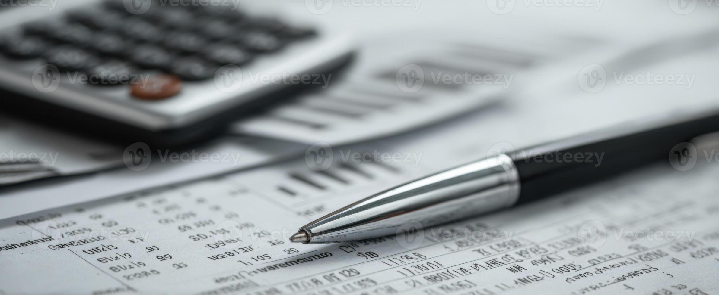 The calculator and pen surrounded by financial documents and analysis papers. photo
