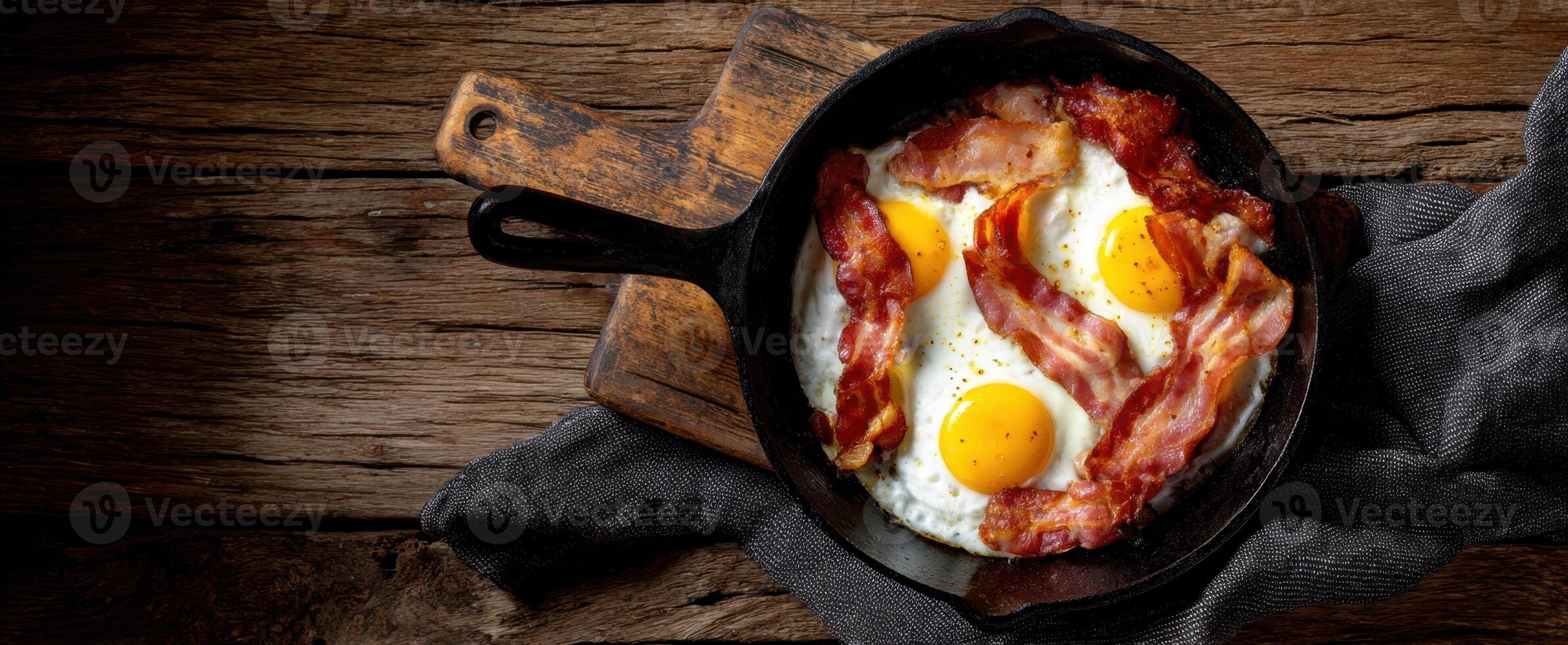 The delicious breakfast skillet with eggs and crispy bacon sizzling. photo
