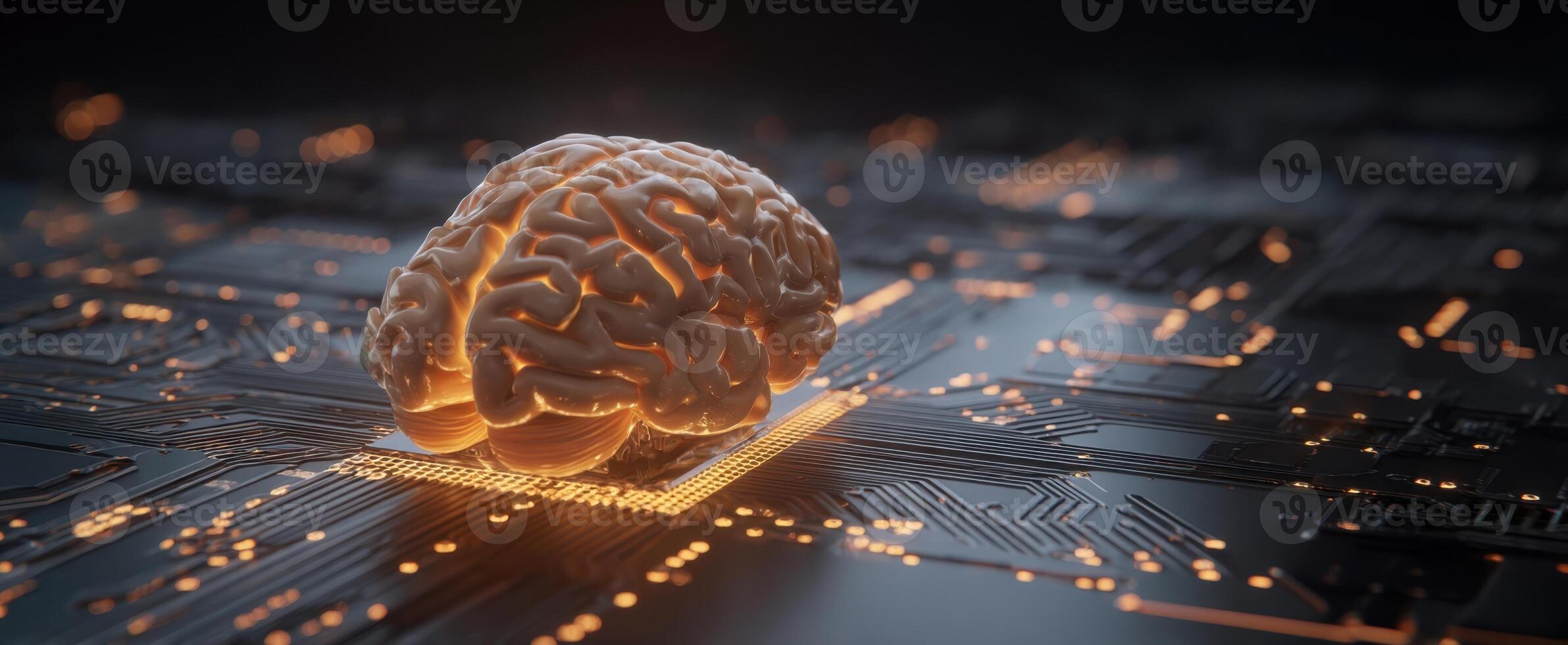 The brain represents artificial intelligence on a futuristic circuit board photo
