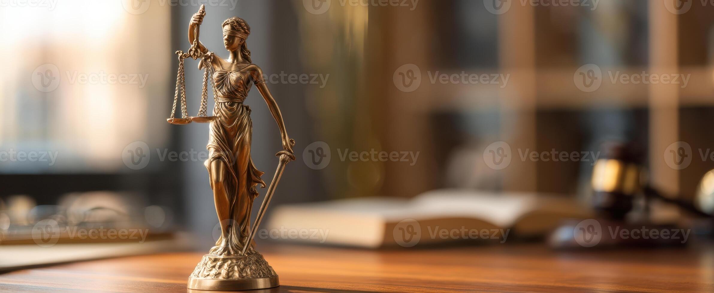 The beautiful bronze statue of Justice symbolizing law and order in an office setting. photo
