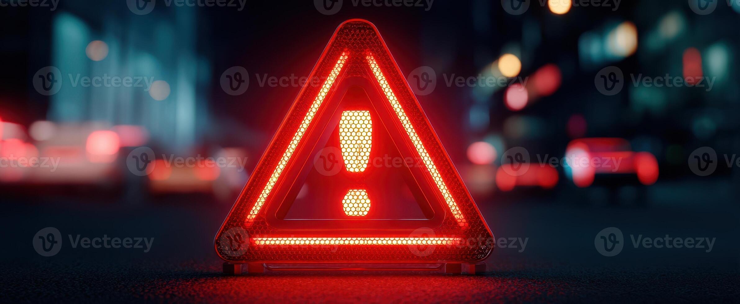 The warning triangle signaling urgency on a dark urban road. photo
