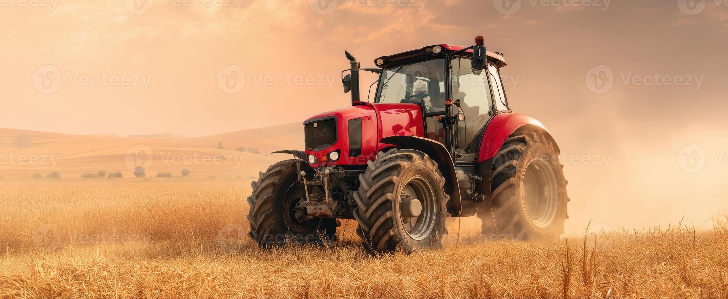 The red tractor working in a golden wheat field at sunset. photo