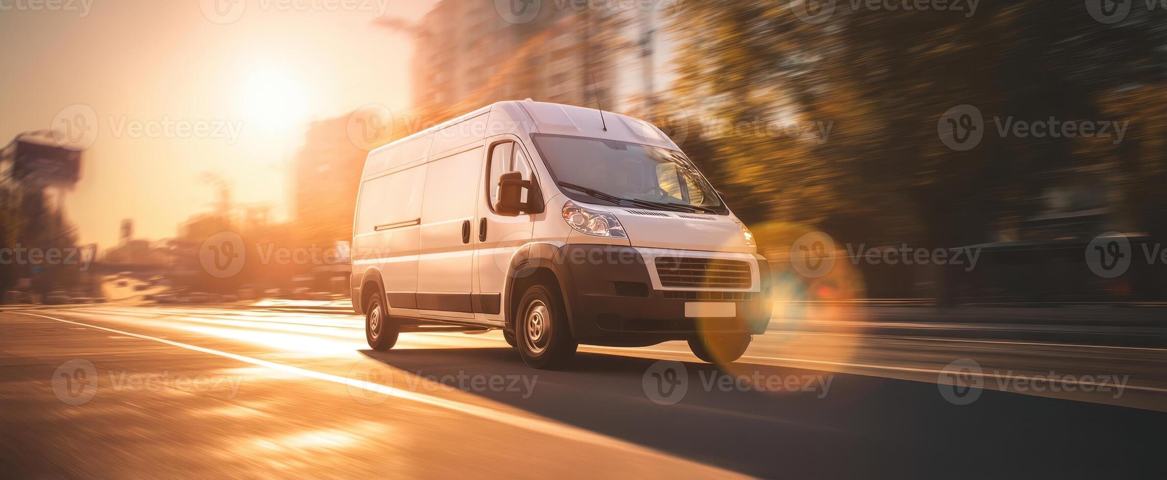 The delivery van speeding through the city at sunset with vibrant urban backdrop. photo