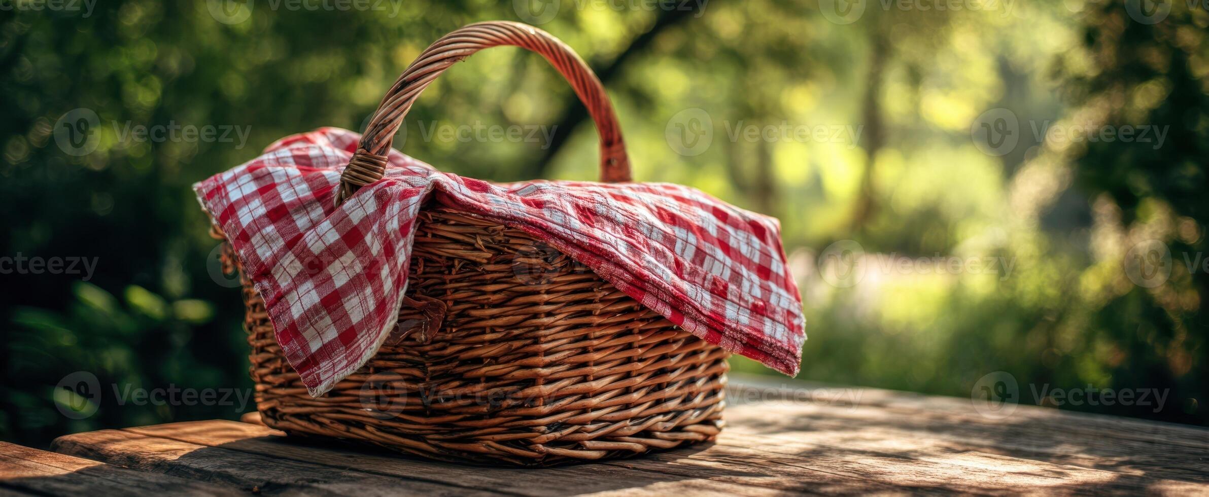 The charming wicker basket adorned with a checkered blanket in nature. photo