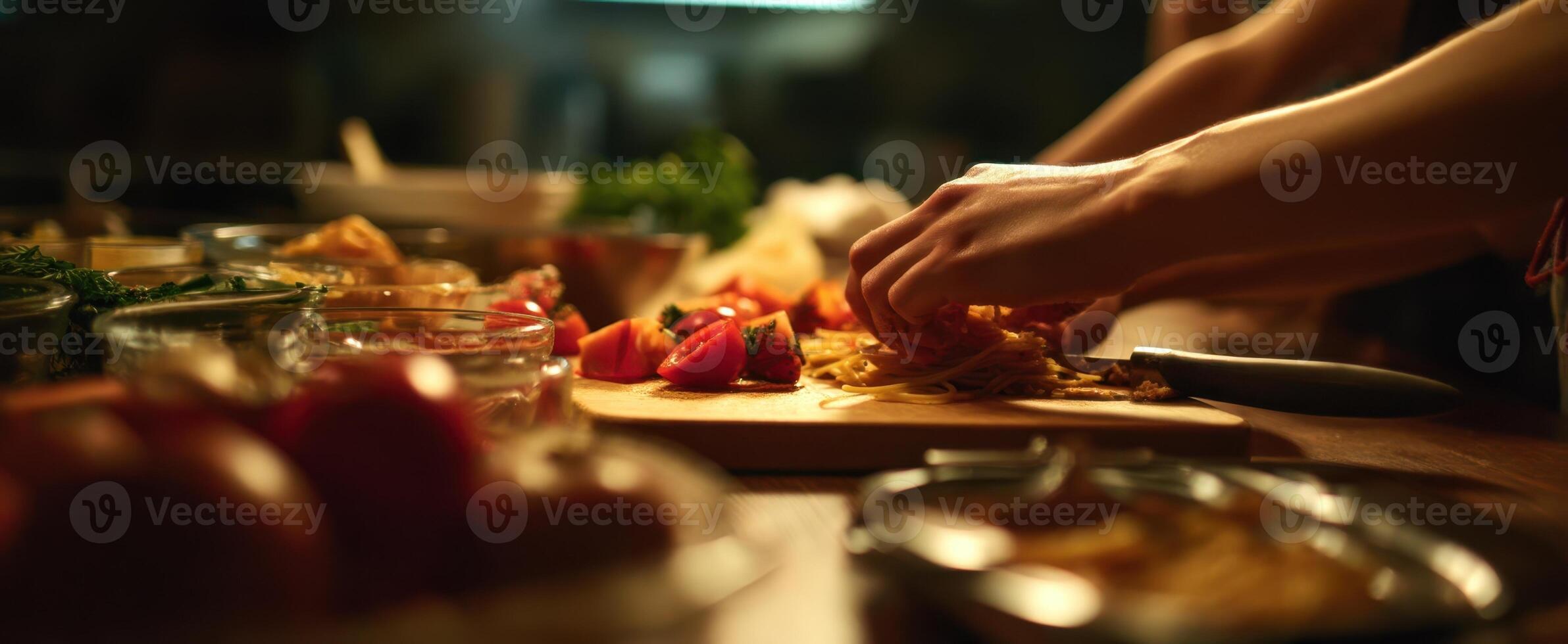 The hands skillfully preparing fresh ingredients in a cozy kitchen setting. photo