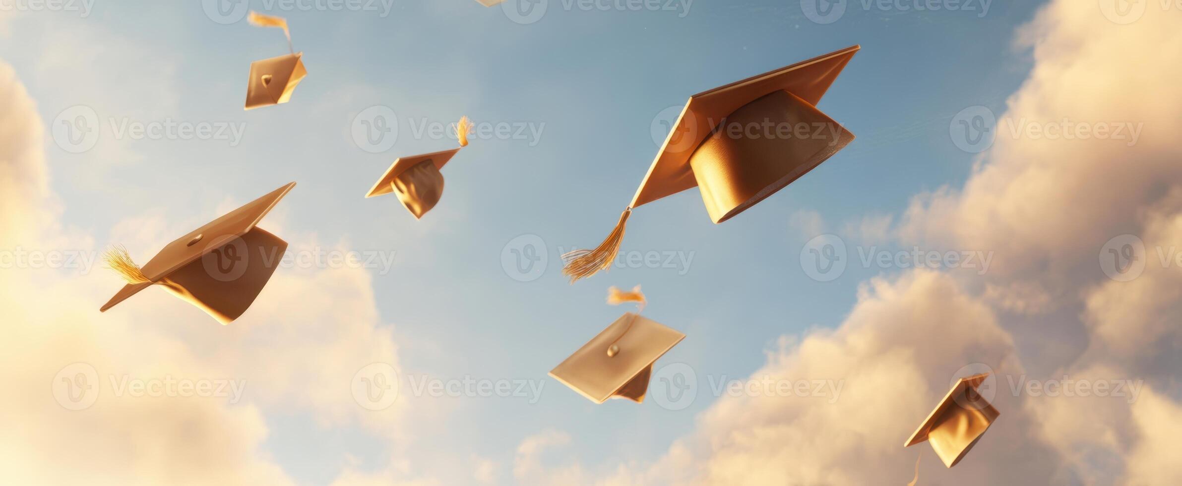 The graduation caps soaring joyfully against a bright sky during celebration. photo