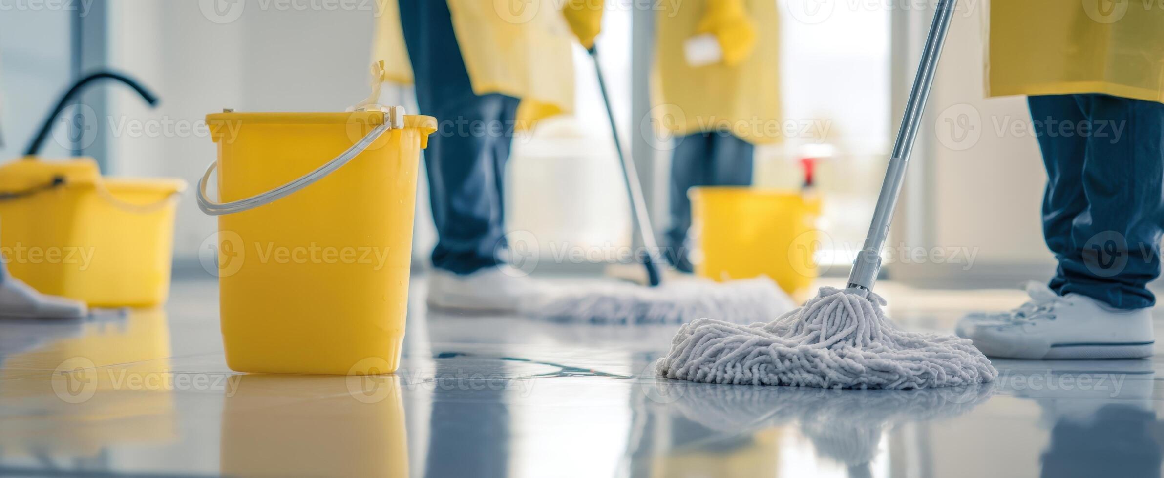 The team of cleaners efficiently mopping the floor with yellow equipment. photo