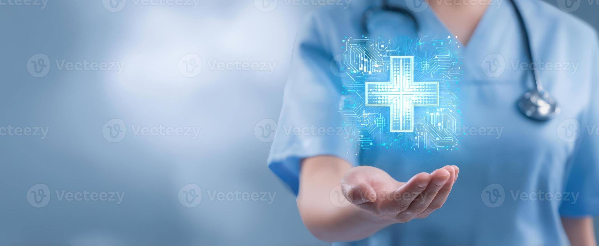 The nurse presenting a digital health symbol for modern healthcare solutions. photo