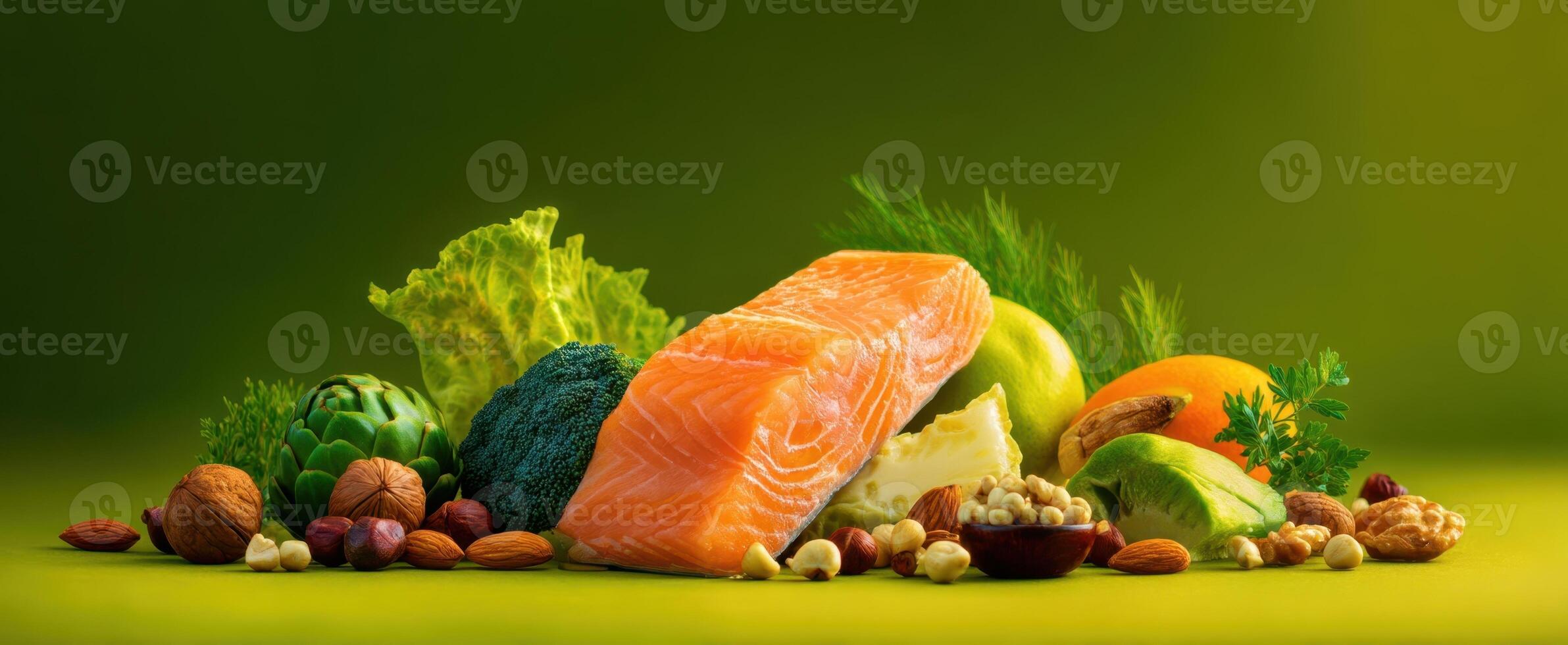 The vibrant arrangement of fresh salmon and assorted vegetables on a green background. photo