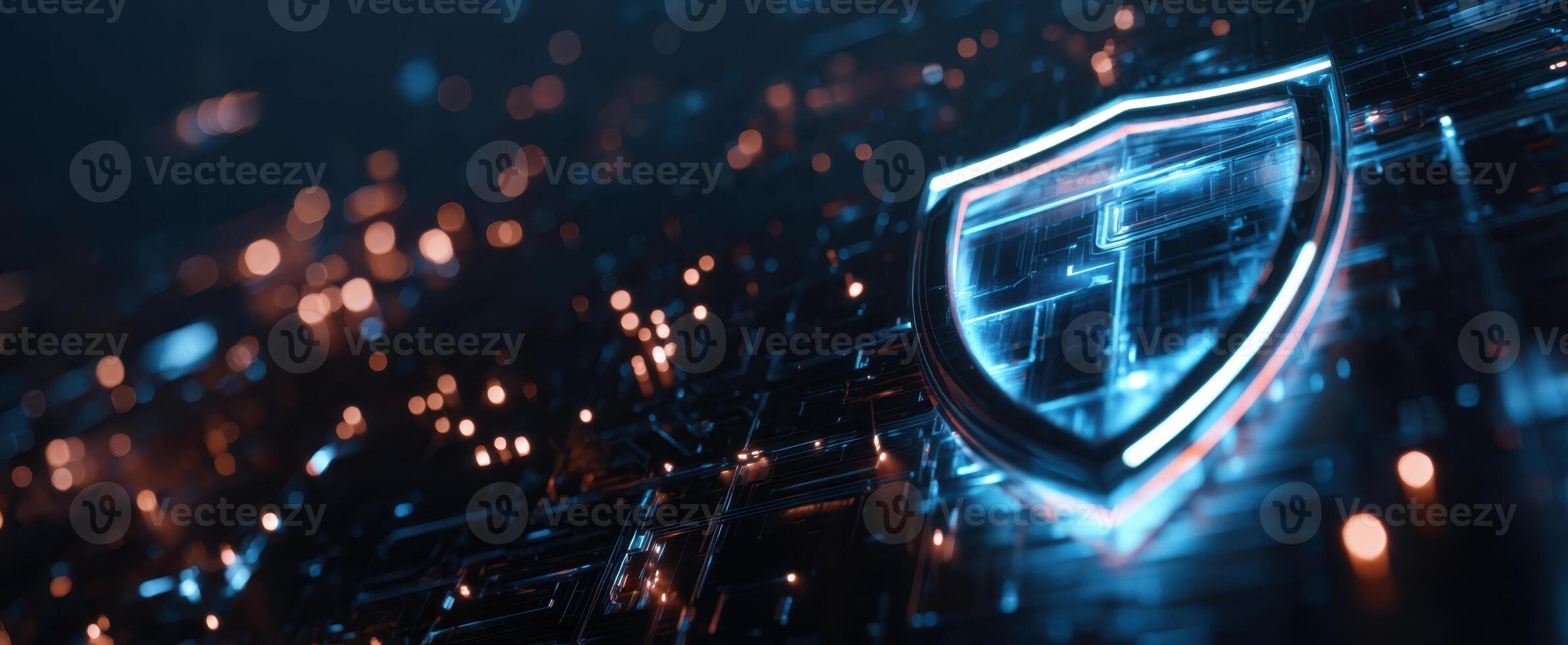 The glowing shield symbolizing digital security and technological innovation. photo