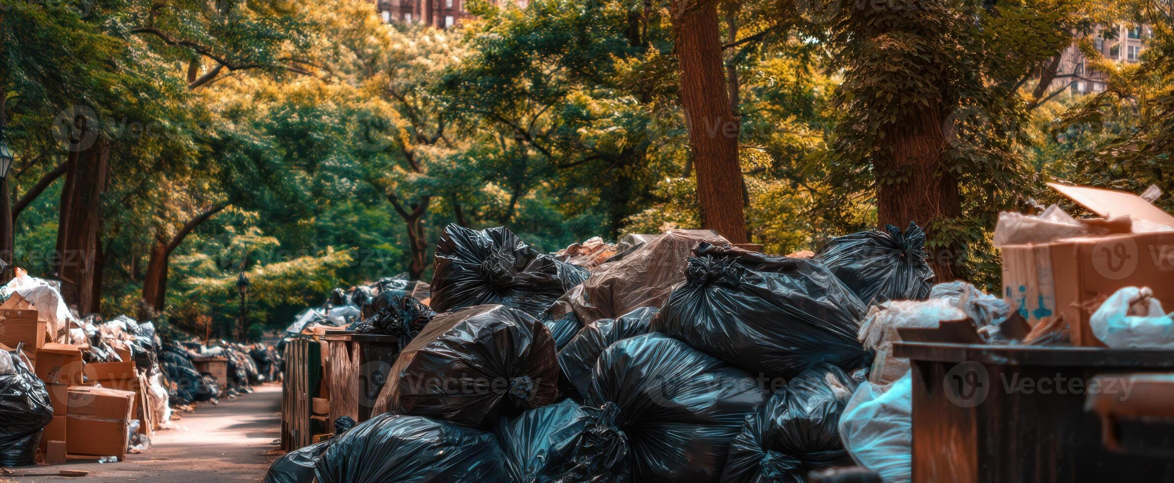 The overflowing trash bags cluttering a beautiful urban park scene. photo