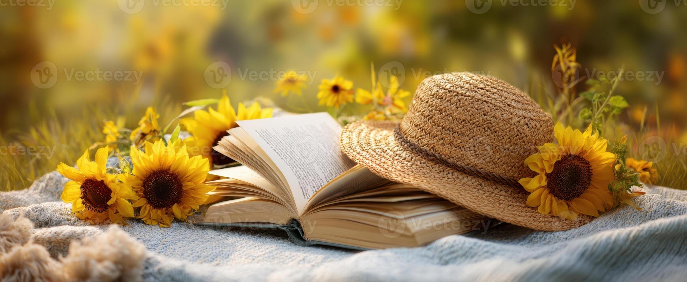 The open book and straw hat amidst cheerful sunflowers in a serene setting. photo