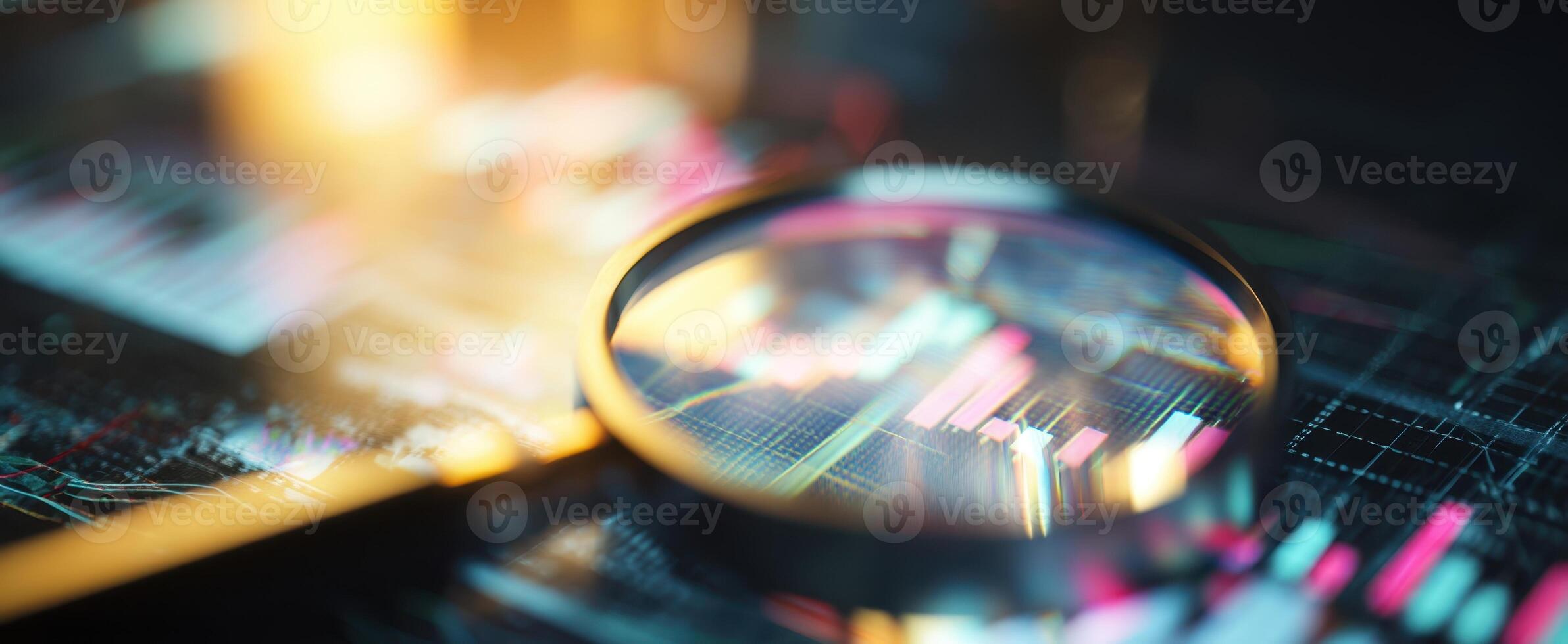The magnifying glass highlighting financial data and market trends. photo