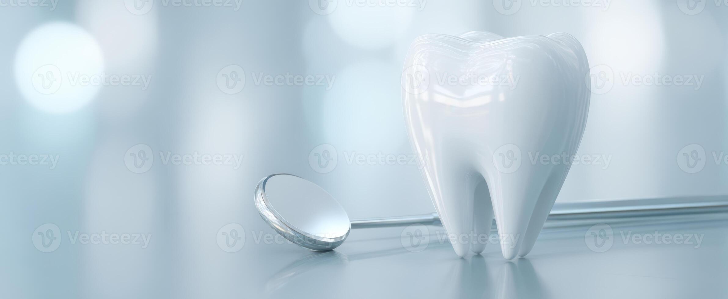 The shiny dental tooth and examination mirror on a bright background. photo