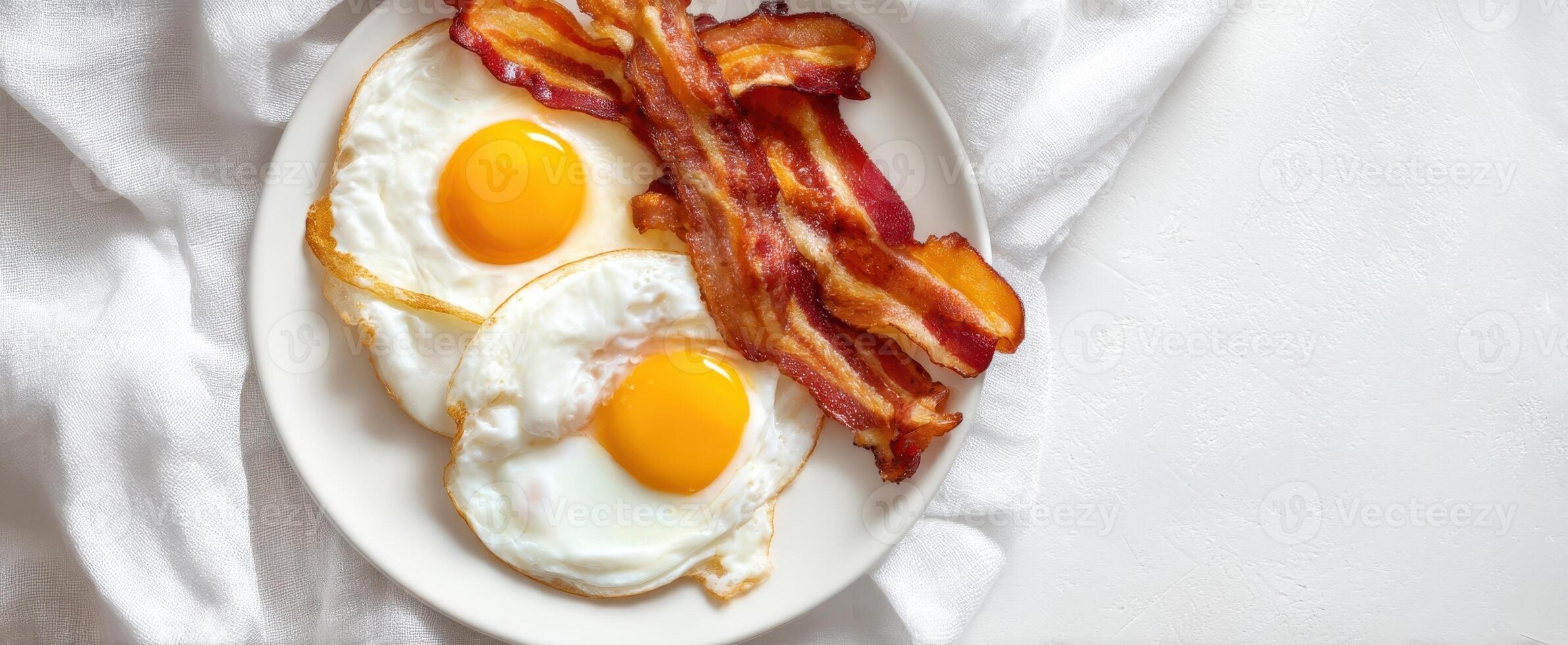 The delicious breakfast of fried eggs and crispy bacon on a white plate. photo