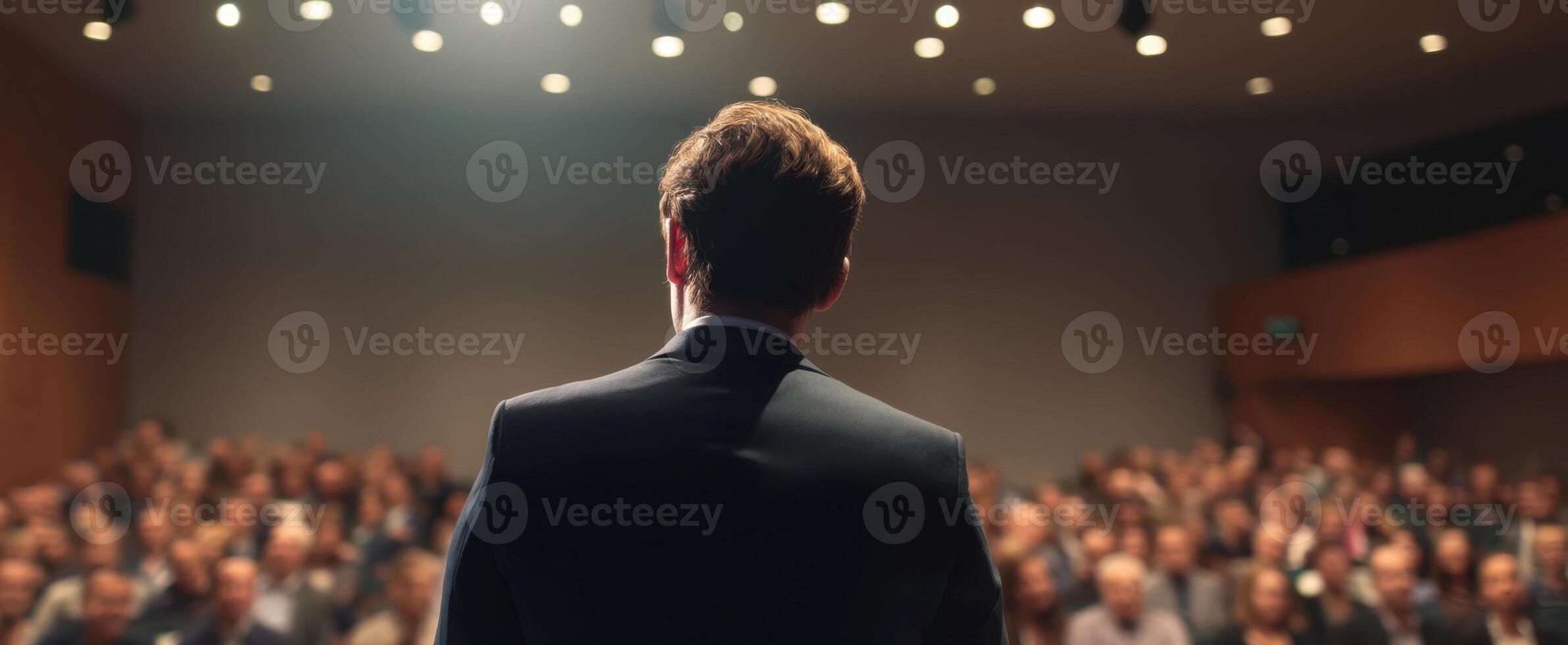 The speaker captivating an audience at a professional conference presentation. photo