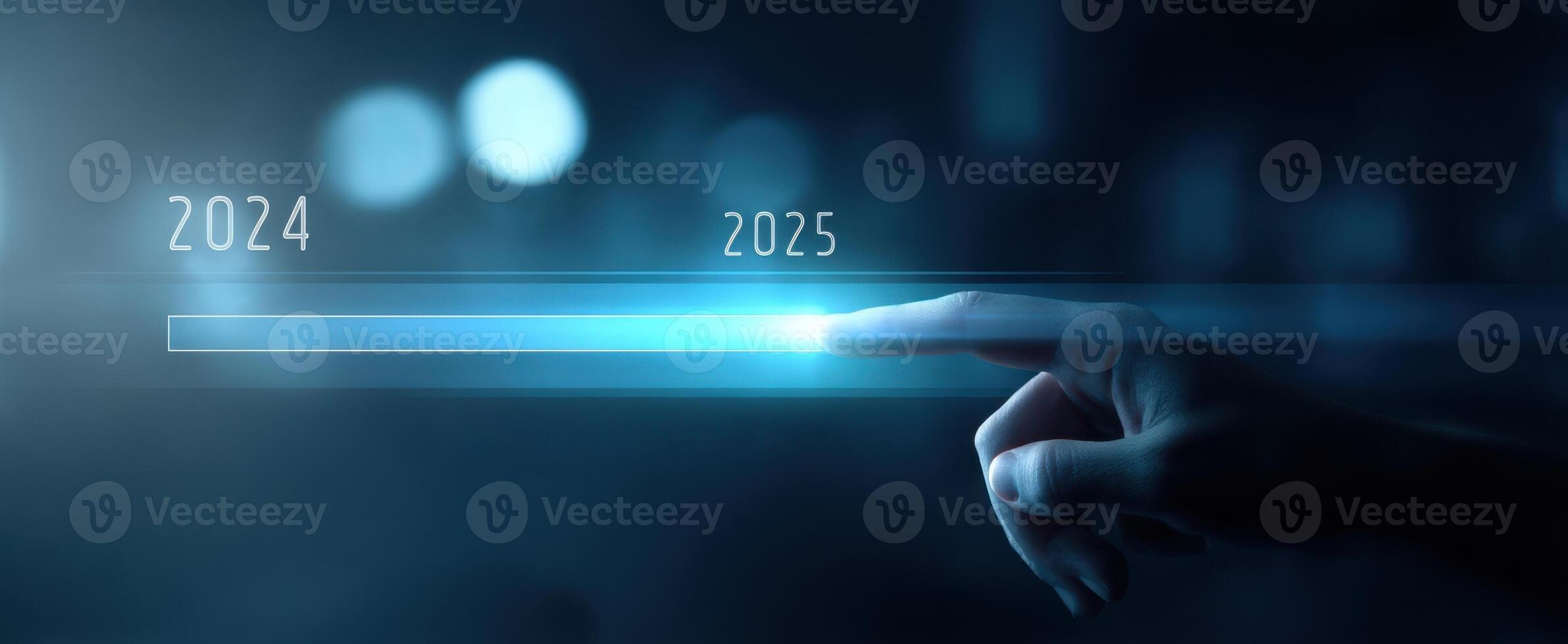 The hand interacting with a futuristic timeline from 2024 to 2025. photo