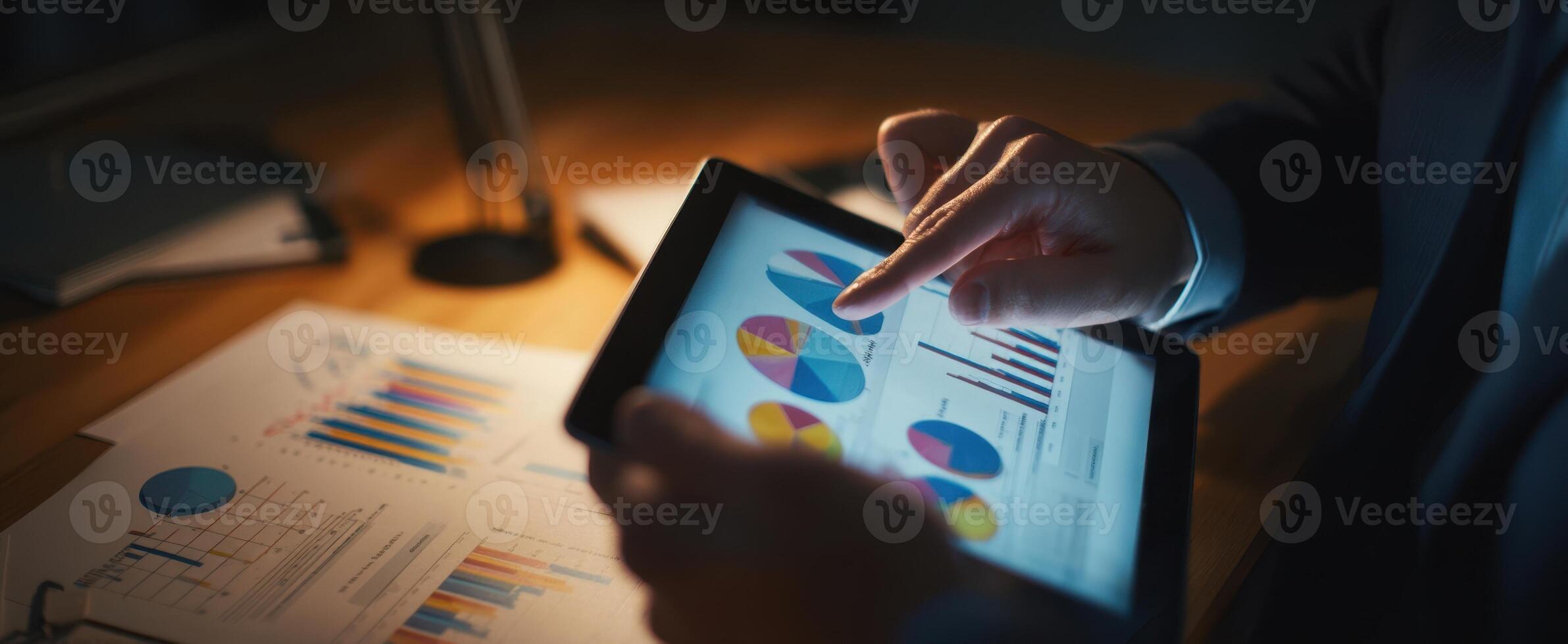 The tablet displaying colorful charts and graphs in a professional workspace. photo