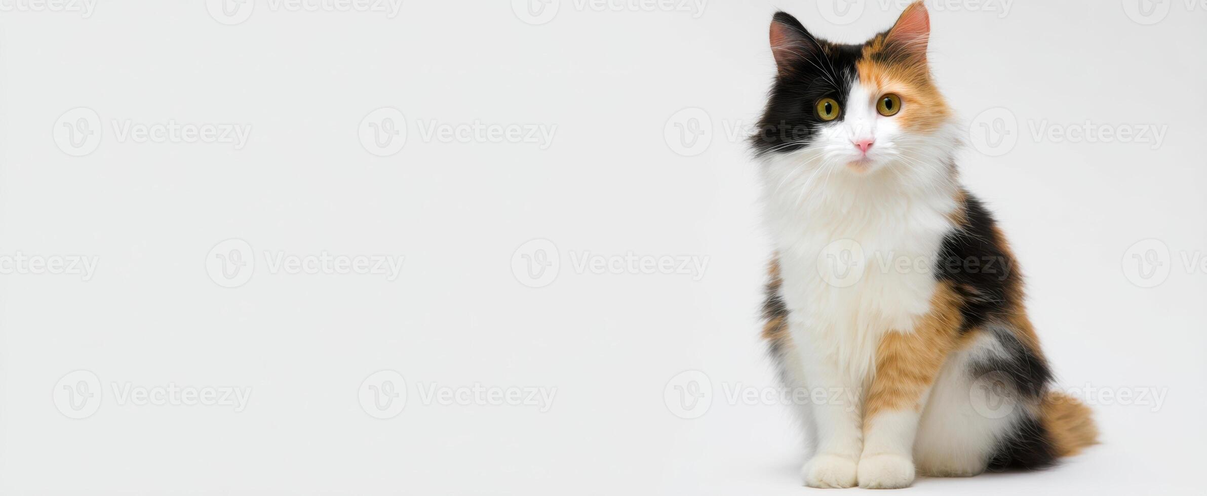 The adorable calico cat sitting on a soft white background. photo